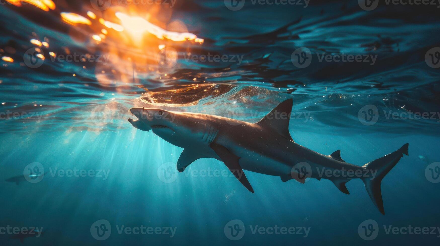A close-up photo of a great white shark underwater, swimming near the ocean floor.