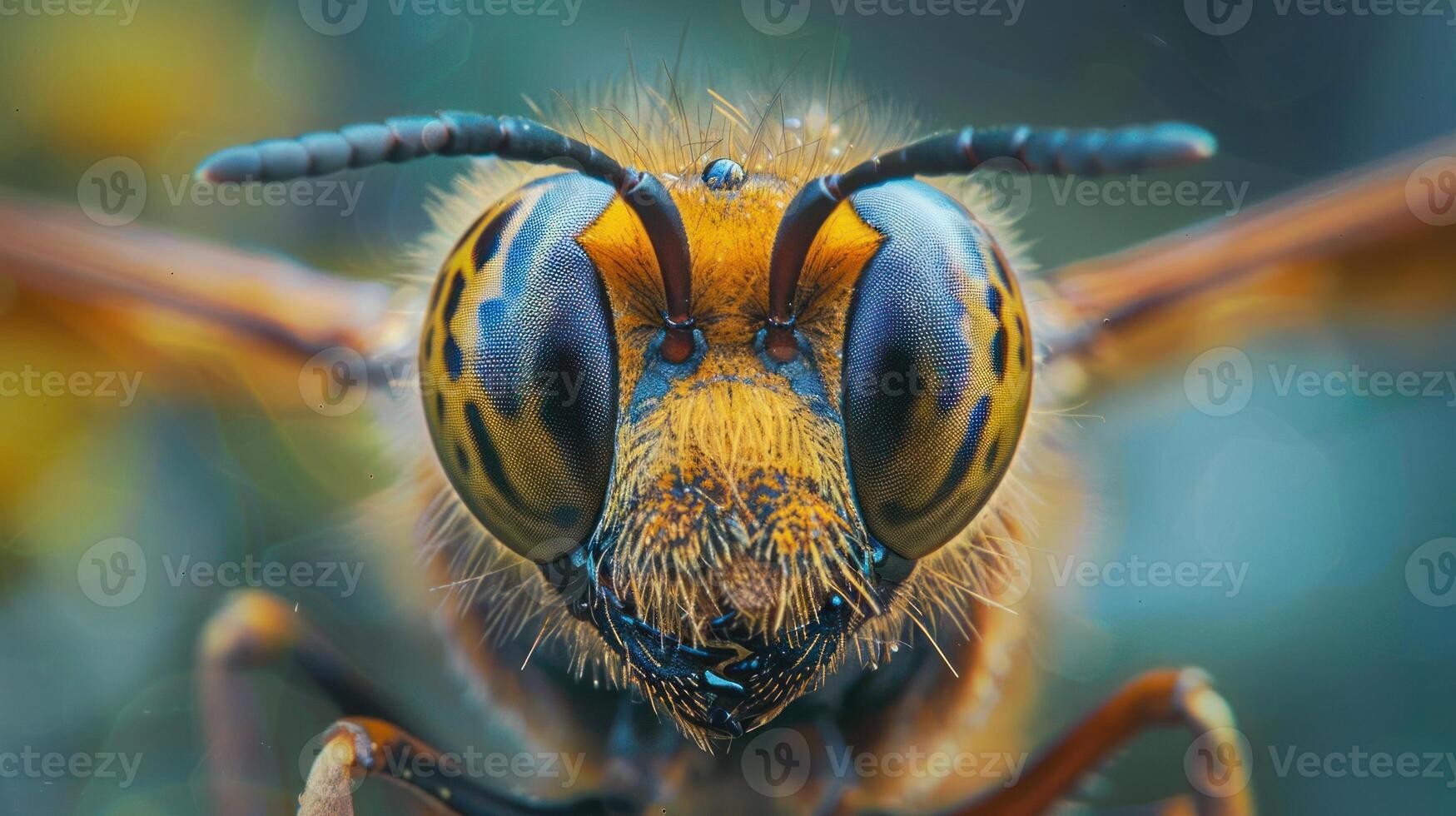 High-resolution image of a bee in focus, showcasing its detailed color patterns and appearance. photo