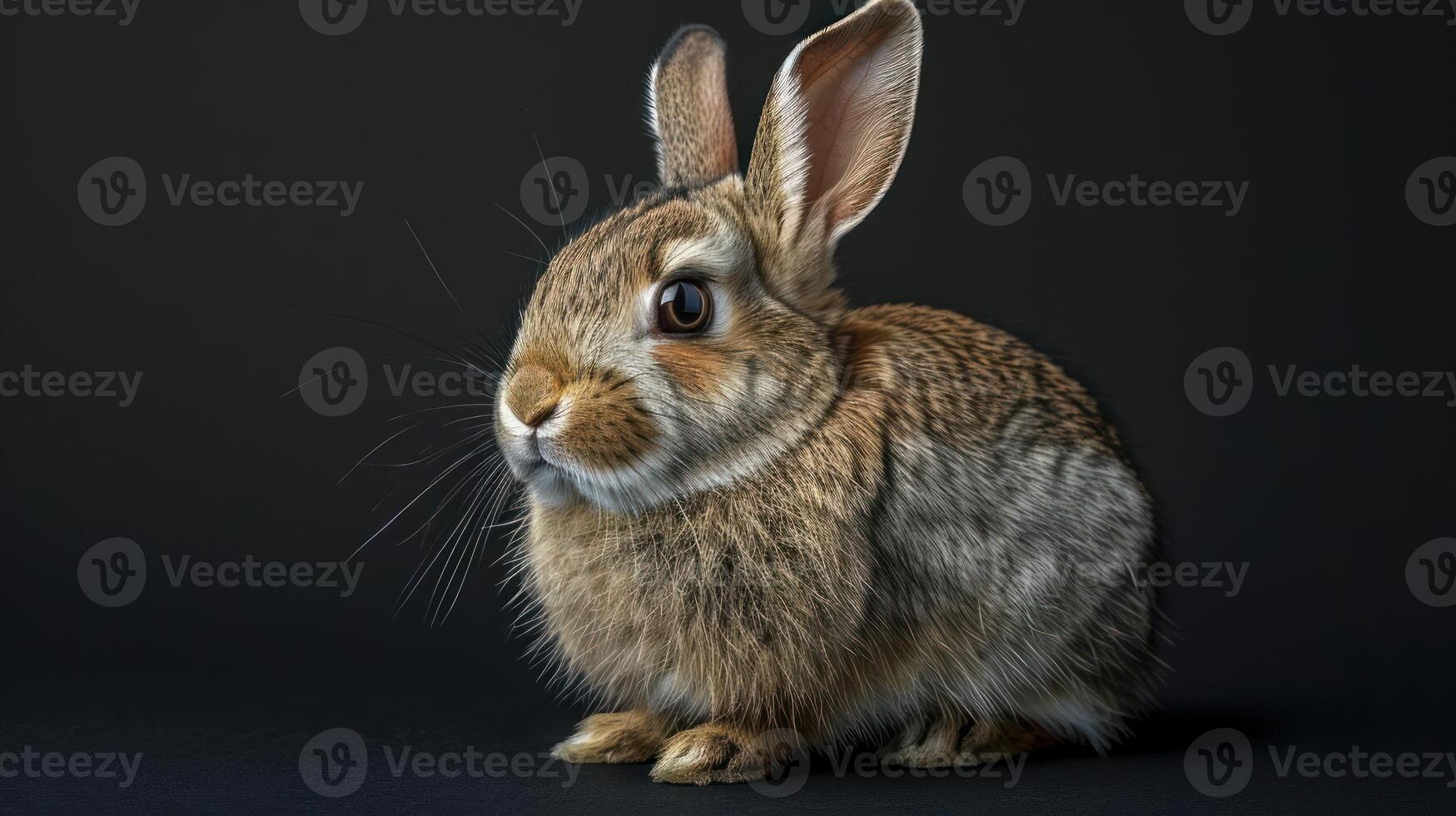 A close-up image of a small bunny sitting still, photo