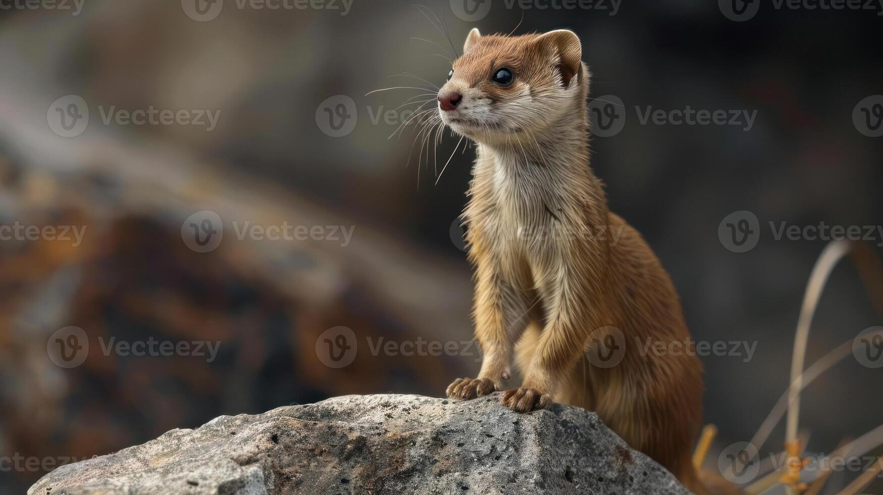 A cute little rodent, possibly a marmot or squirrel, perched on a rock in the wilderness. photo