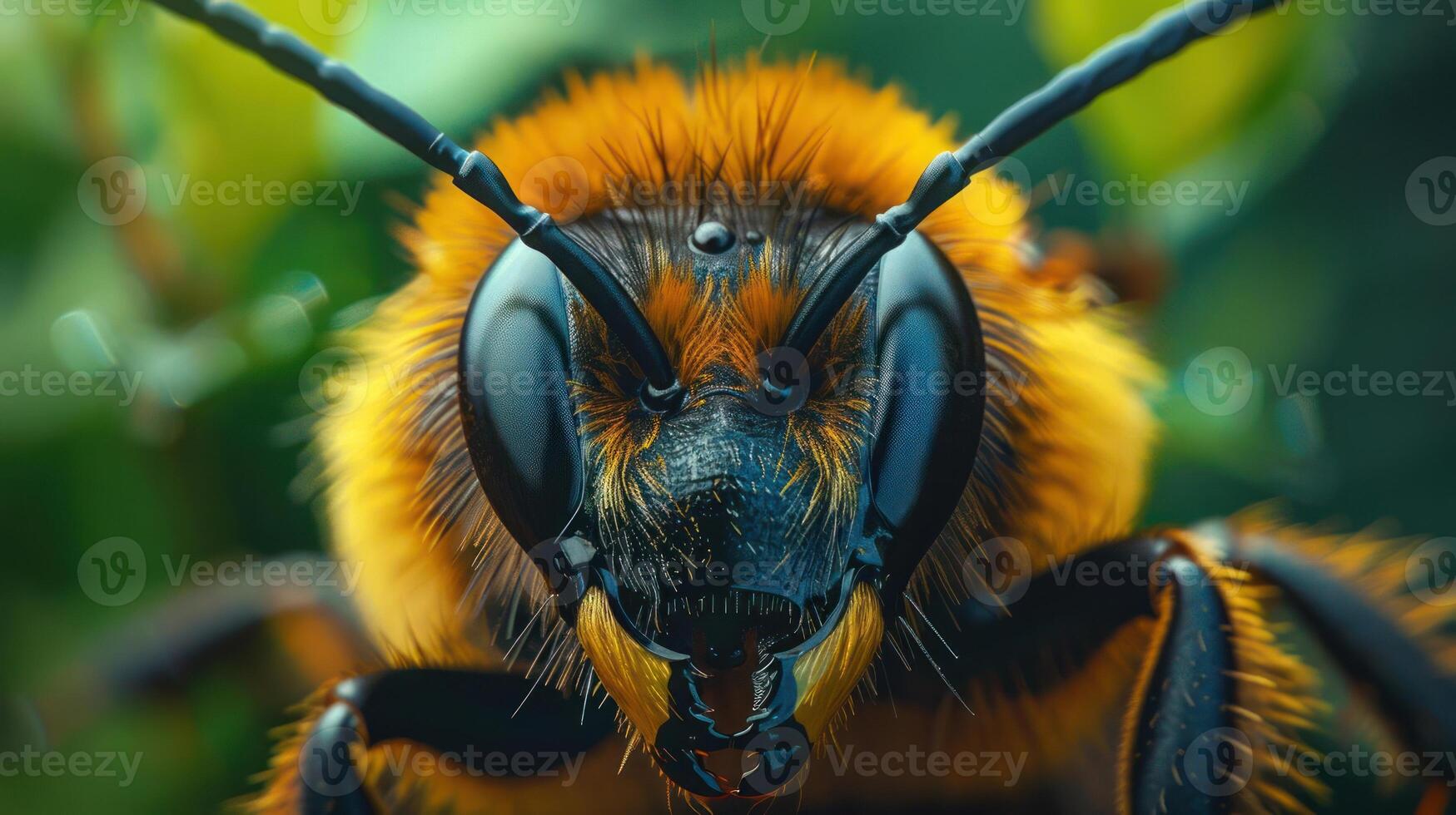 Close-up of a bee with clear focus on its face, which is composed of black and yellow stripes. photo