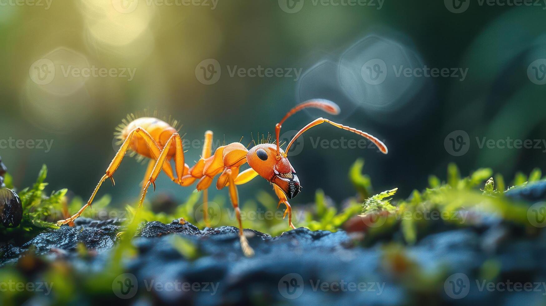 Two ants, one red and one orange, are standing on a mossy surface in what appears to be sunlight. photo
