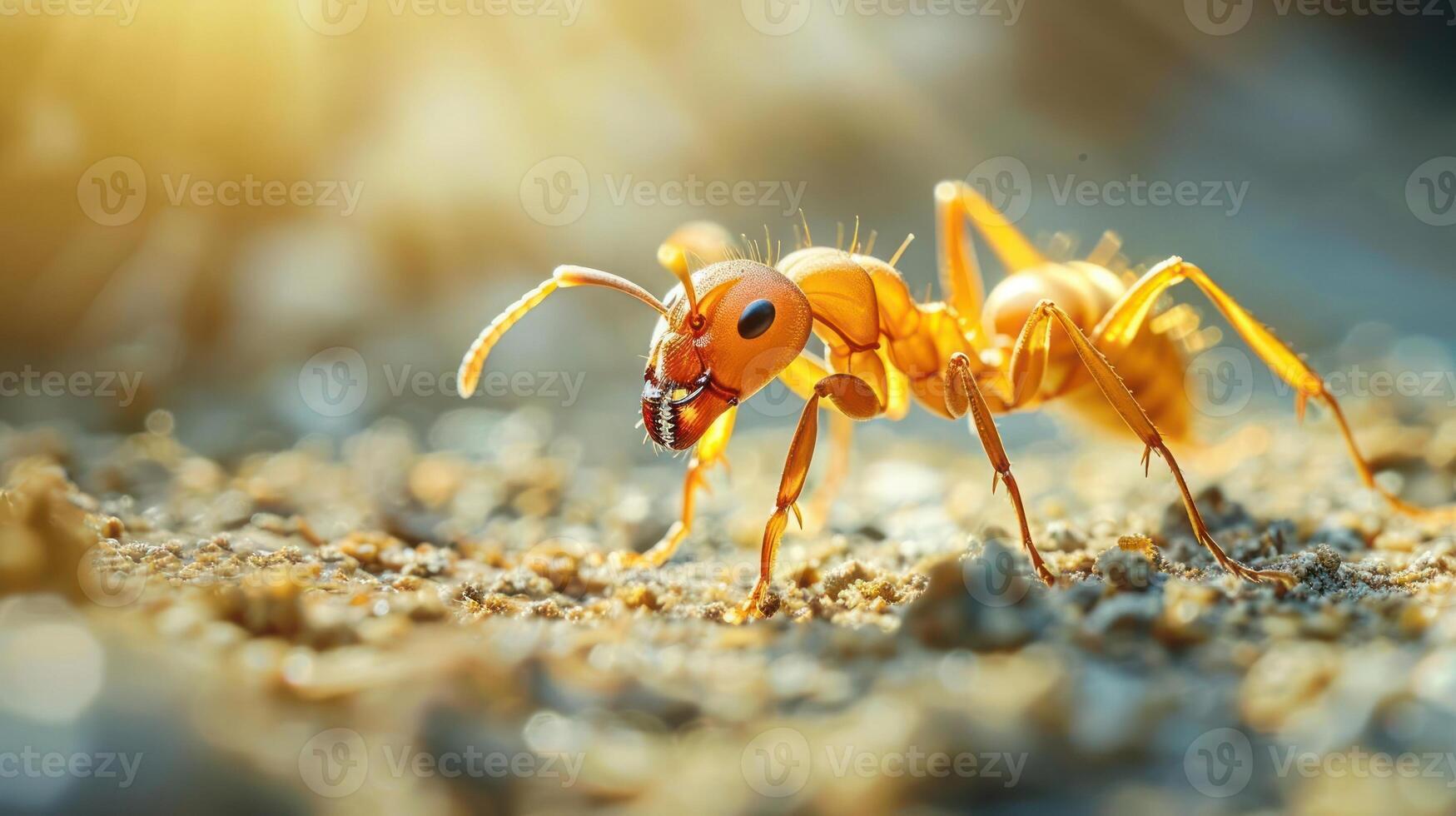 A close-up photograph of an angry looking ant walking away from the camera. photo
