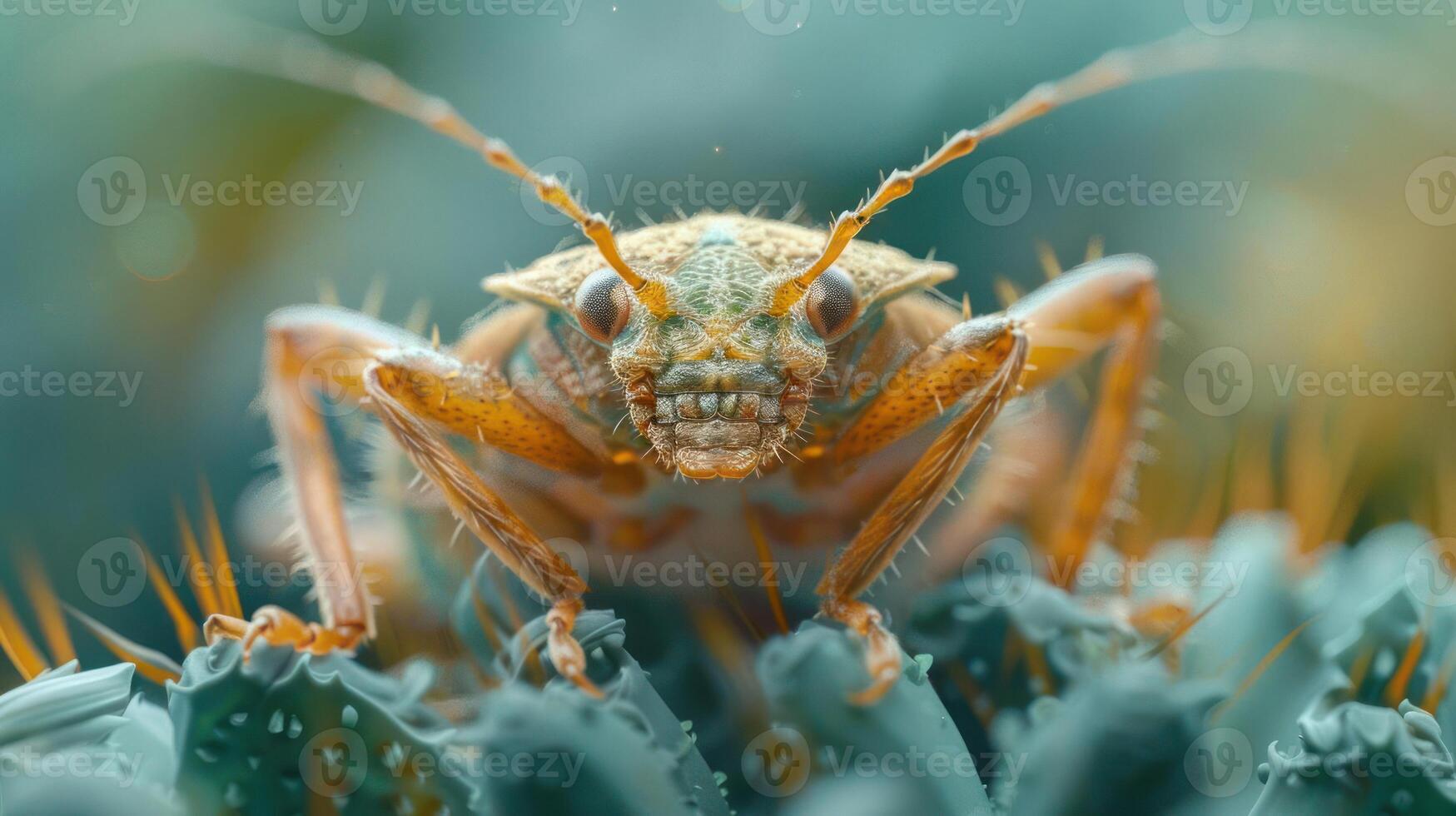 Close-up of a bee's head on a green leaf, with a focus on its eyes and antennae. photo
