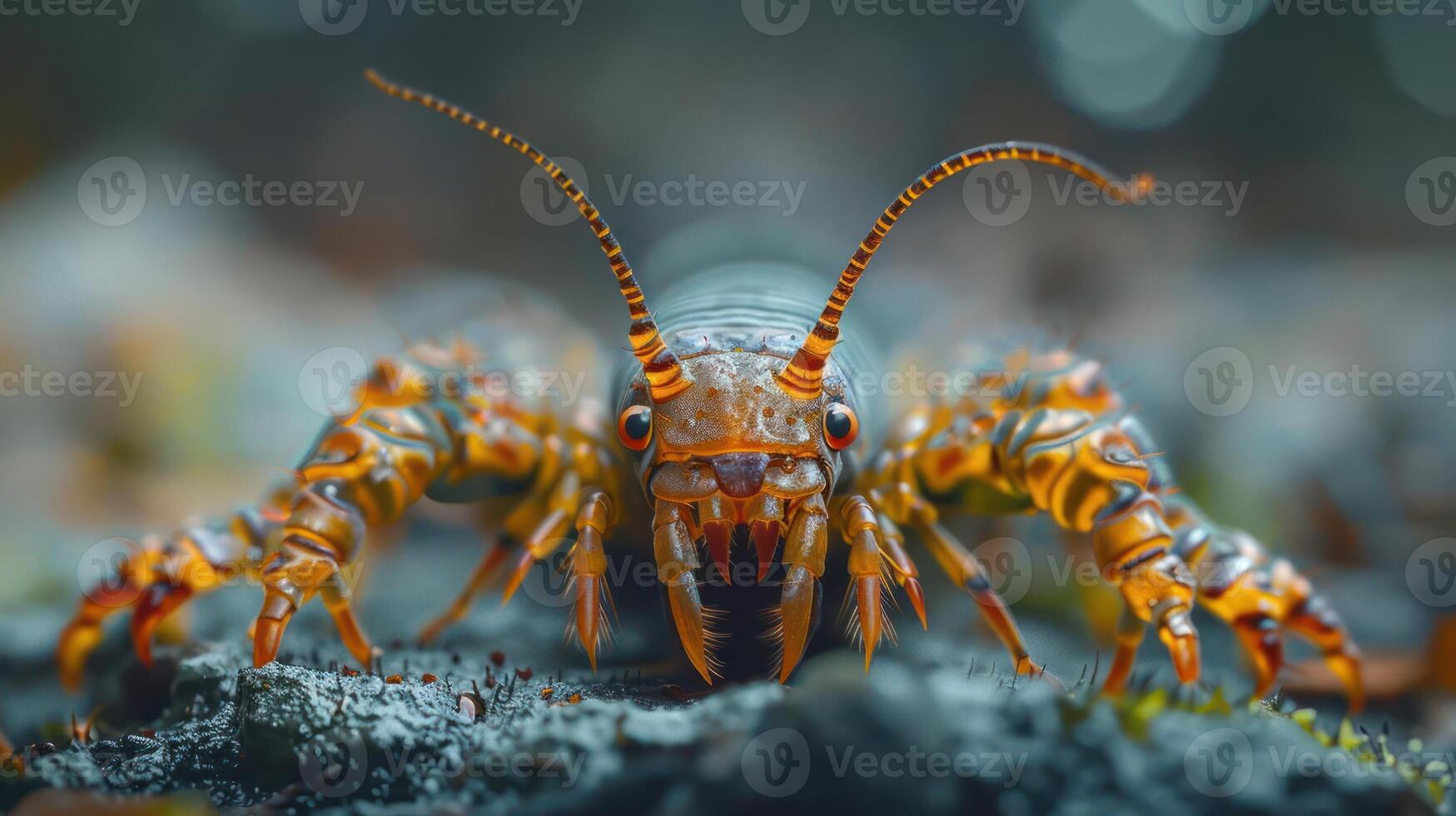 A close-up of a vibrant red and yellow praying mantis with extended antennae. photo