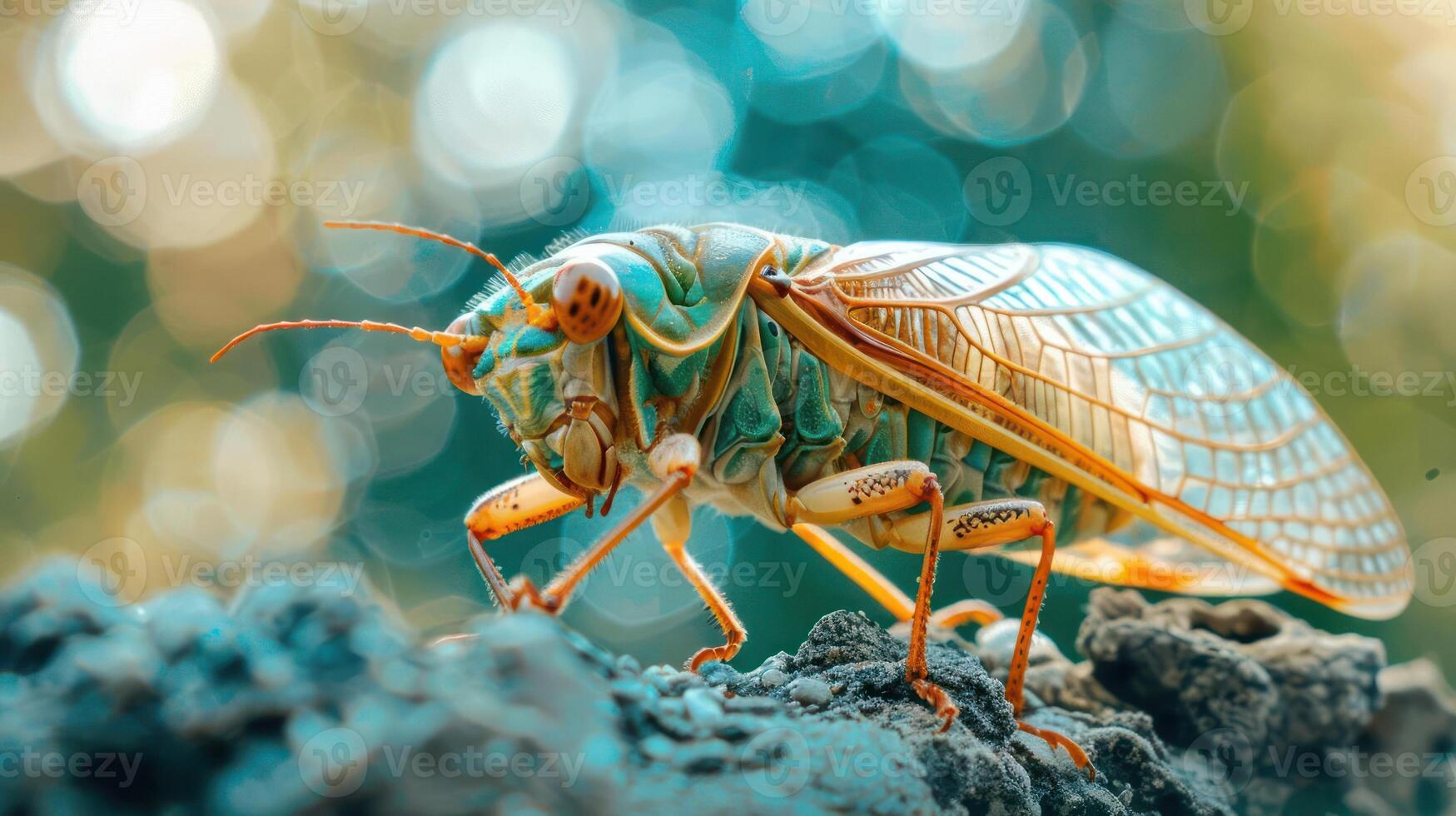A close up of a large, exotic green and yellow bug with intricate designs on its body, photo