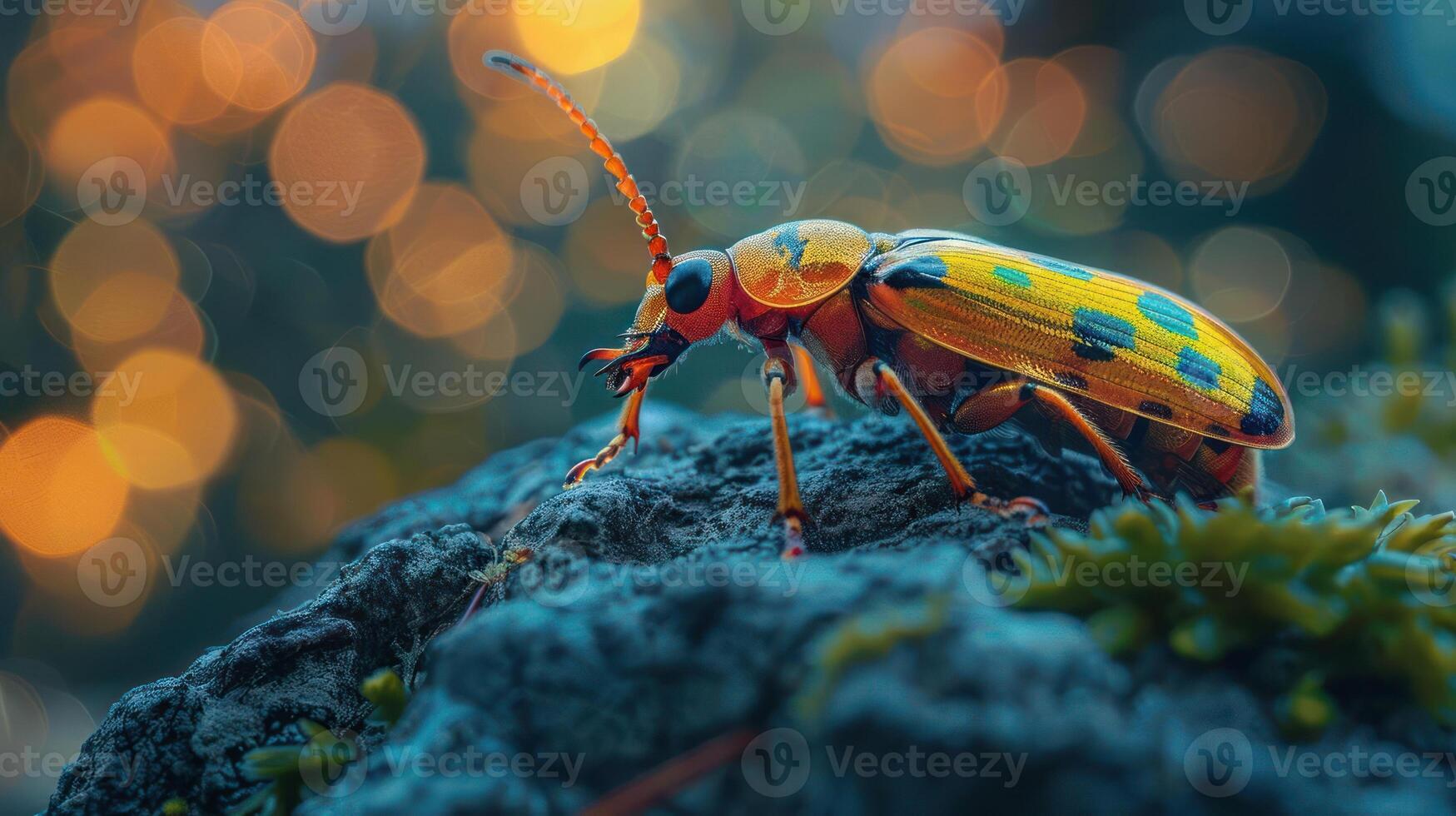A vibrant yellow and black beetle perched on a rock with a blurred background of stars. photo