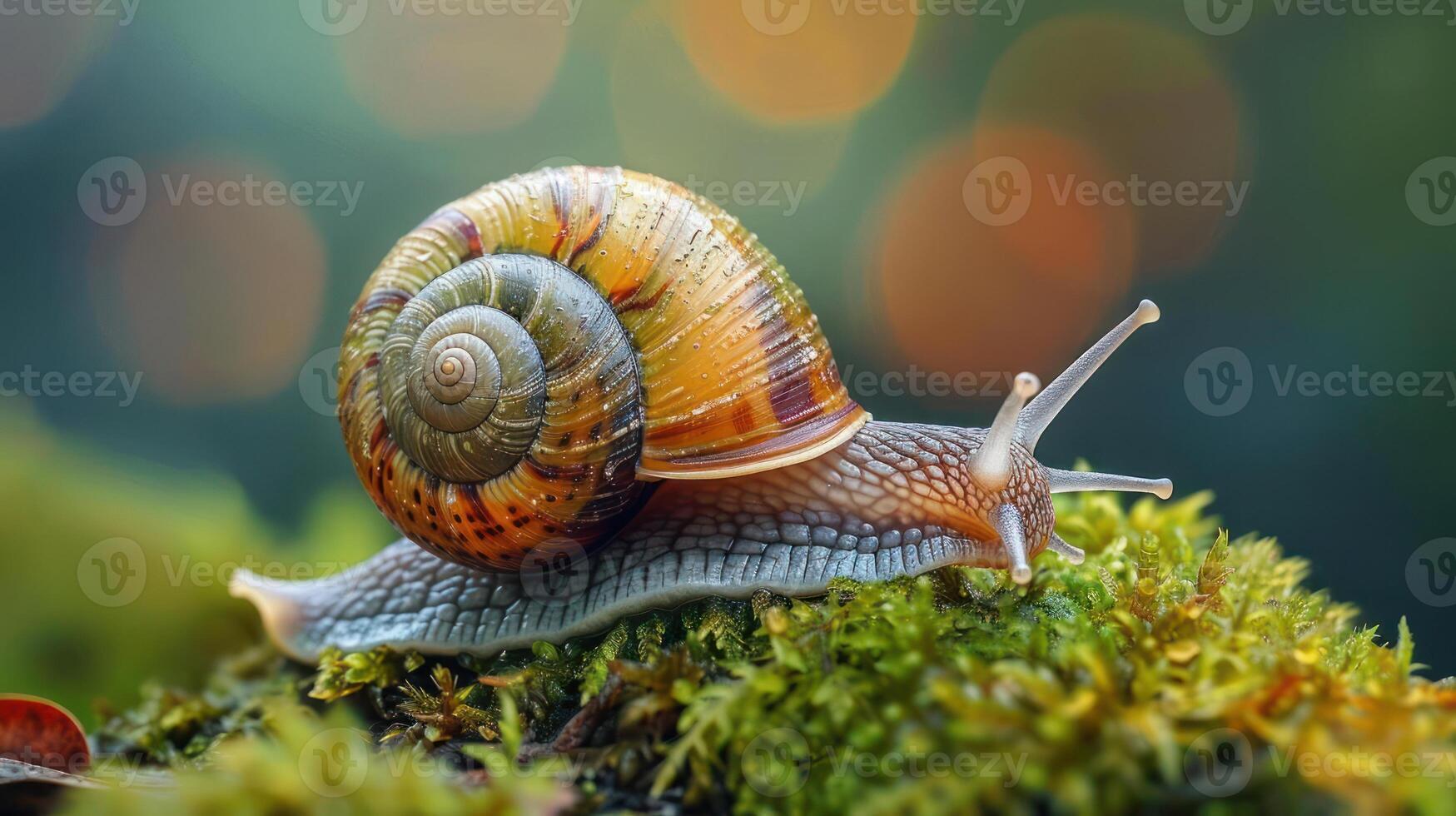 Snail crawling over moss on a green, damp forest floor. photo