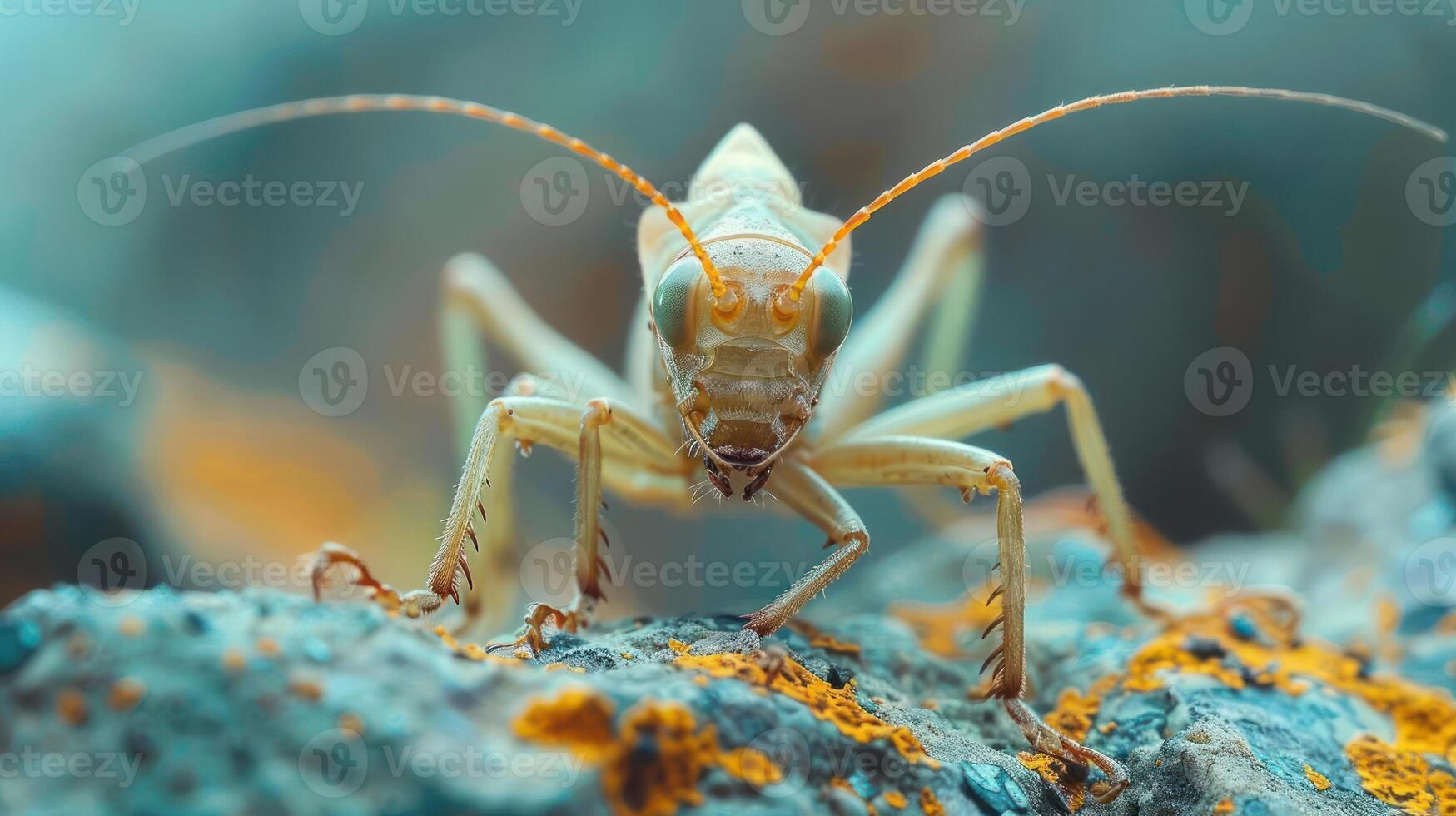 A close-up of a brown and orange grasshopper on a rock with moss in the background. photo