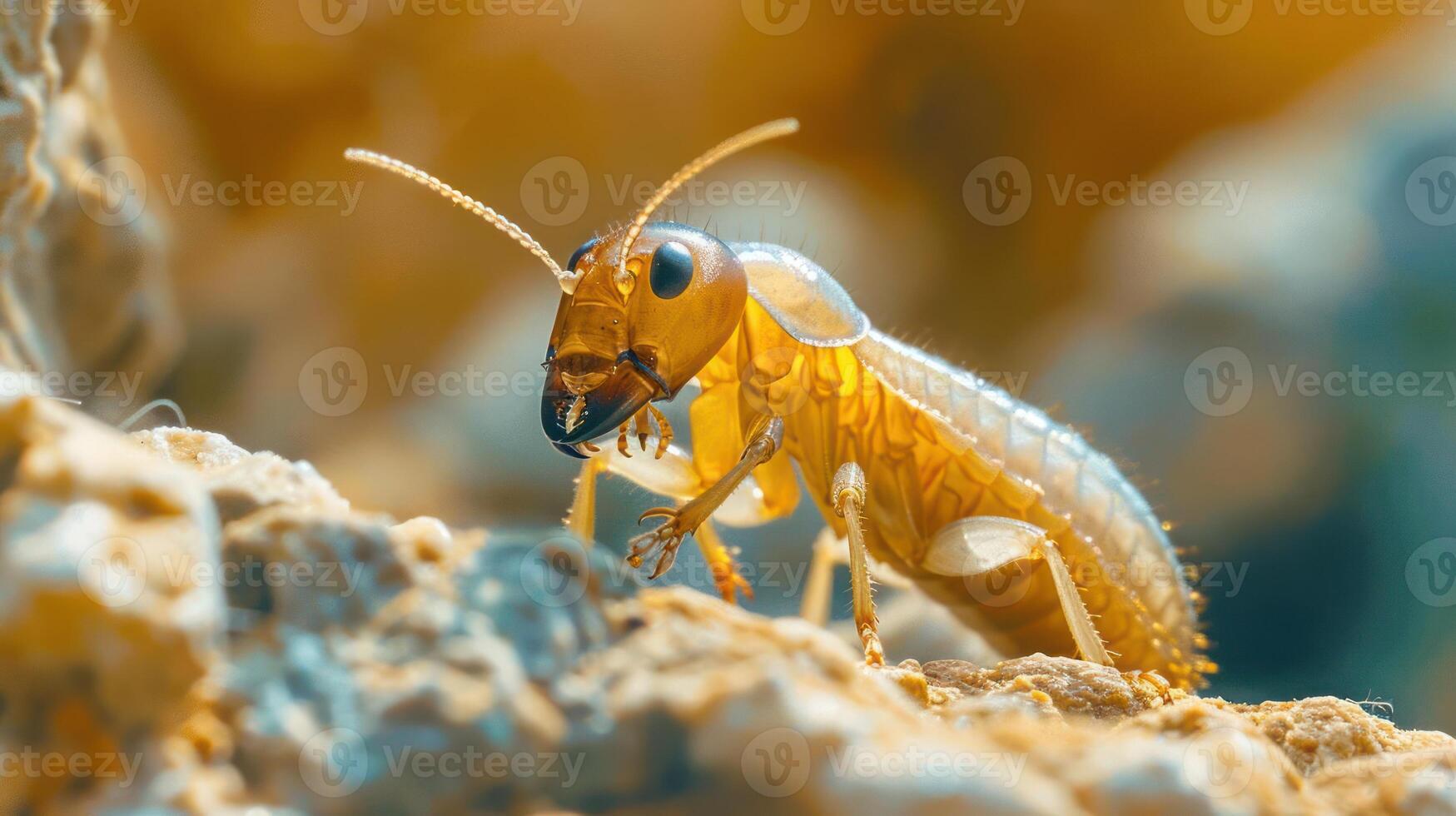 A close-up of a yellow beetle or bug standing on its hind legs, with a focus on the underside. photo