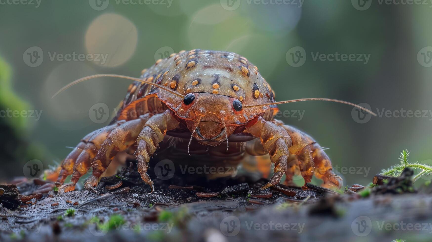 A red crab with black eyes and legs on a wet surface, possibly in the rainforest. photo