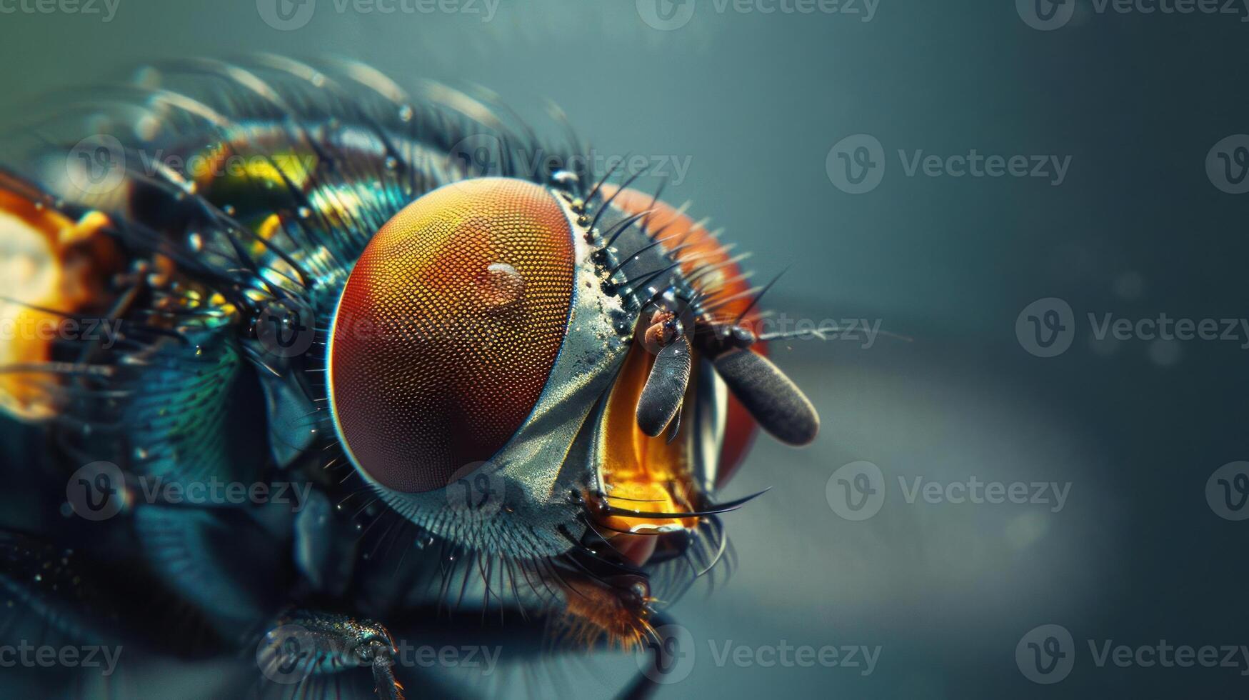 Close-up of a fly's eye looking to the left with a clear view of details and colors photo