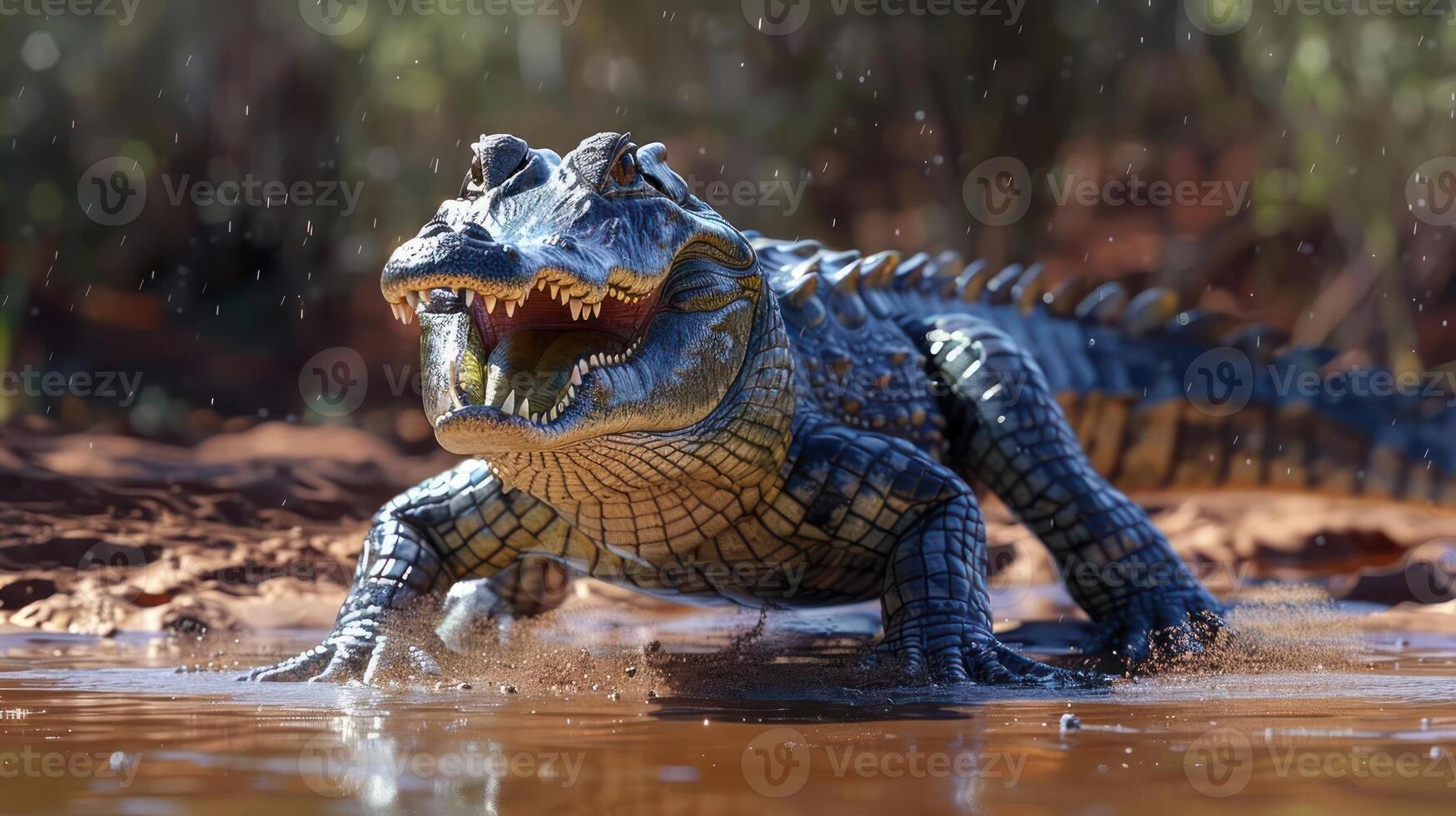 A crocodile is captured in motion as it crosses a body of water, its mouth open in mid-step. photo