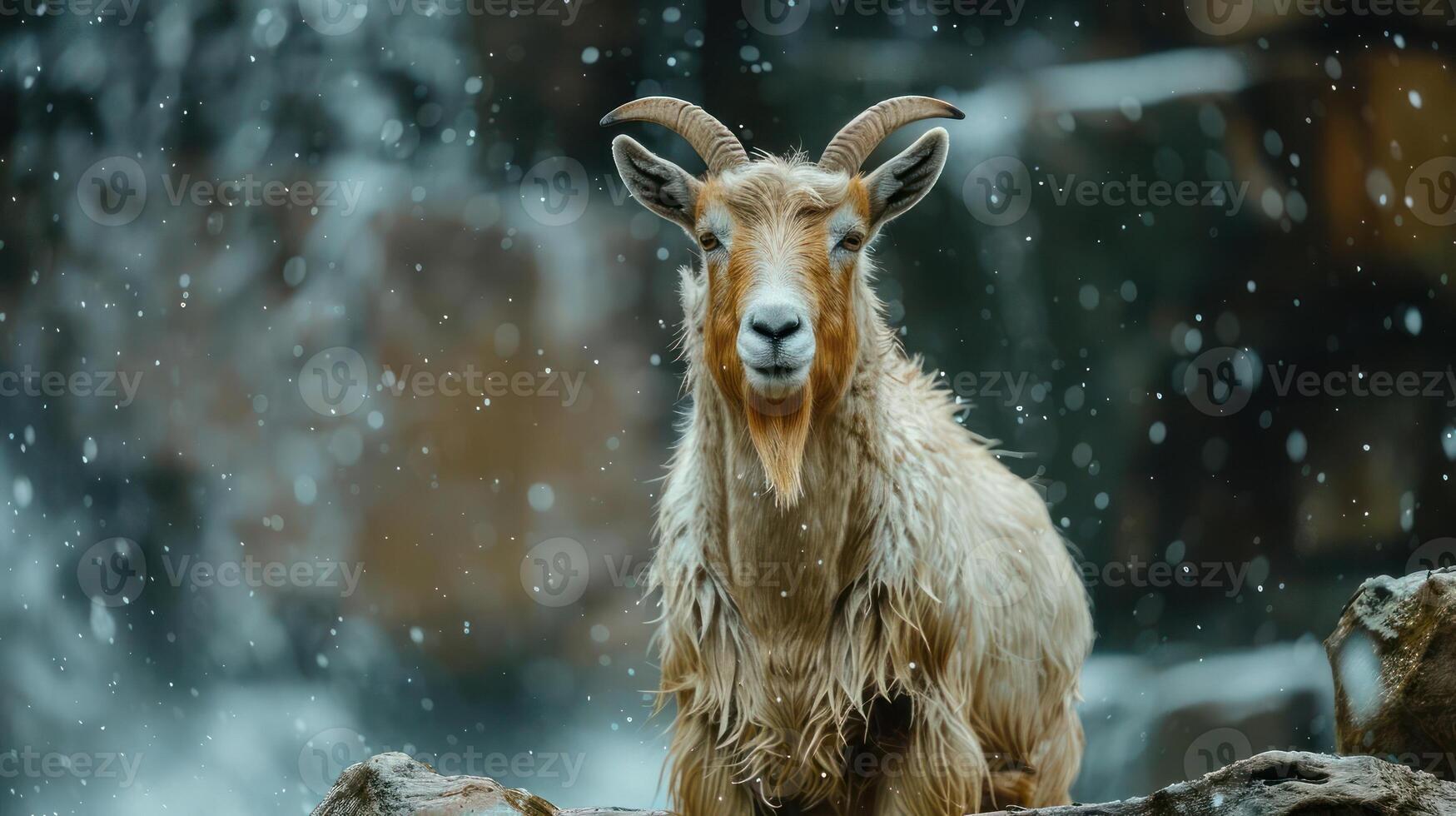 A mountain goat stands at the edge of a snow-covered cliff, photo