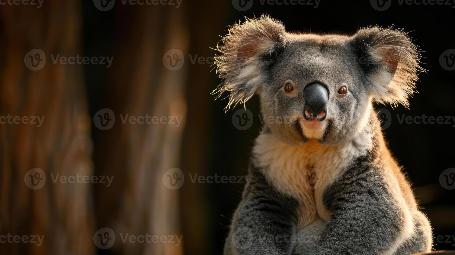 A cute koala sitting on a tree branch, looking right into the camera with a playful expression, photo