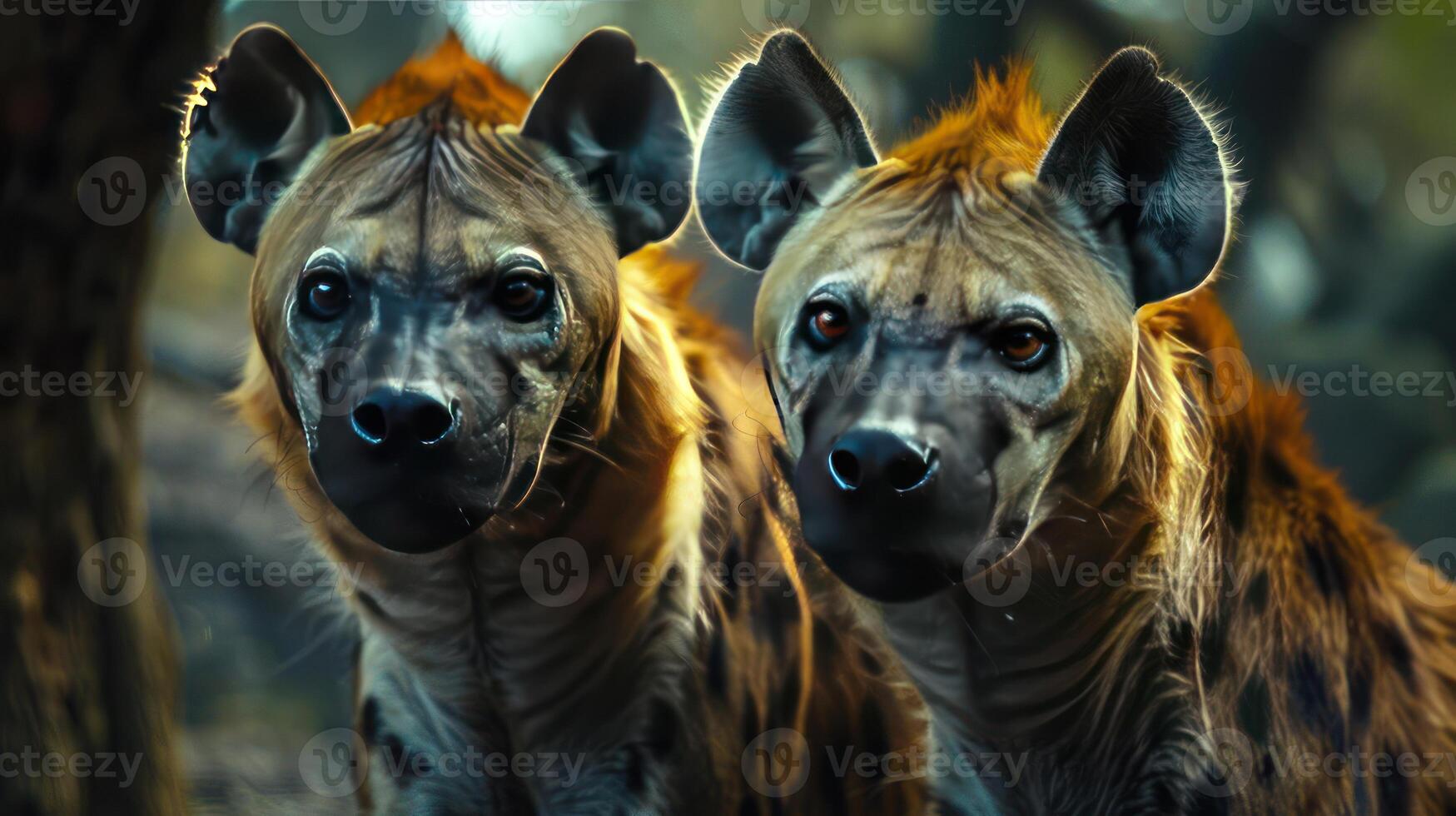 Two hyenas side by side, staring at the camera with a focused expression. photo