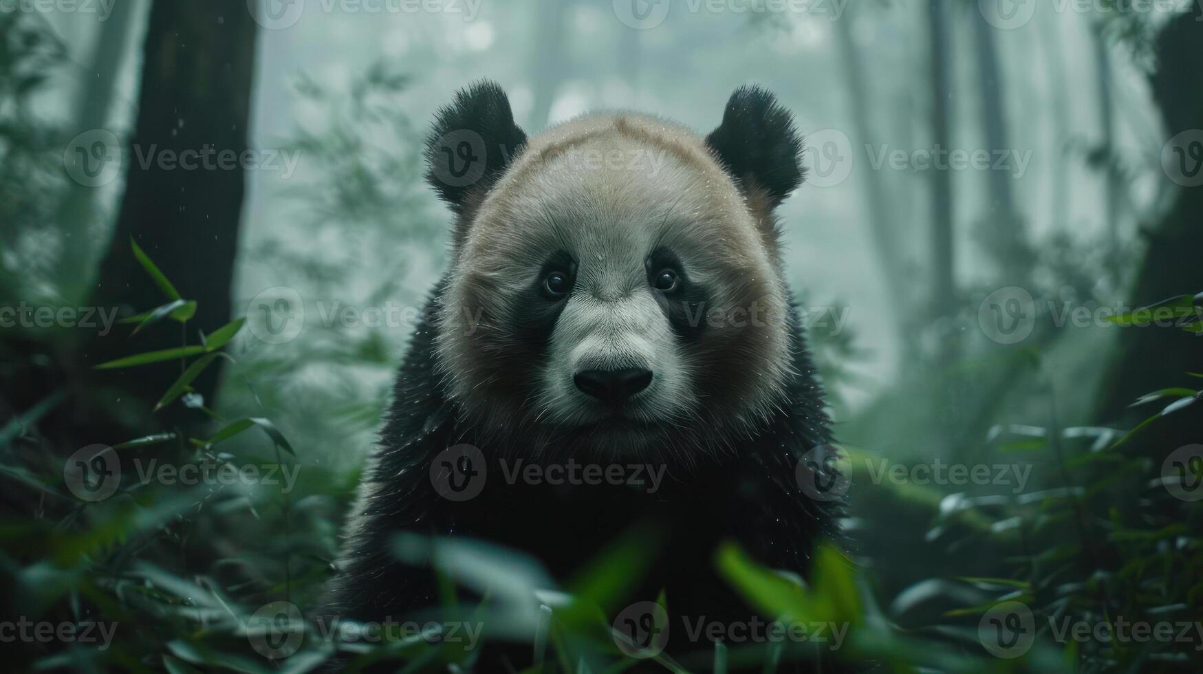 A captivating image of a panda bear amidst lush green jungle foliage, photo