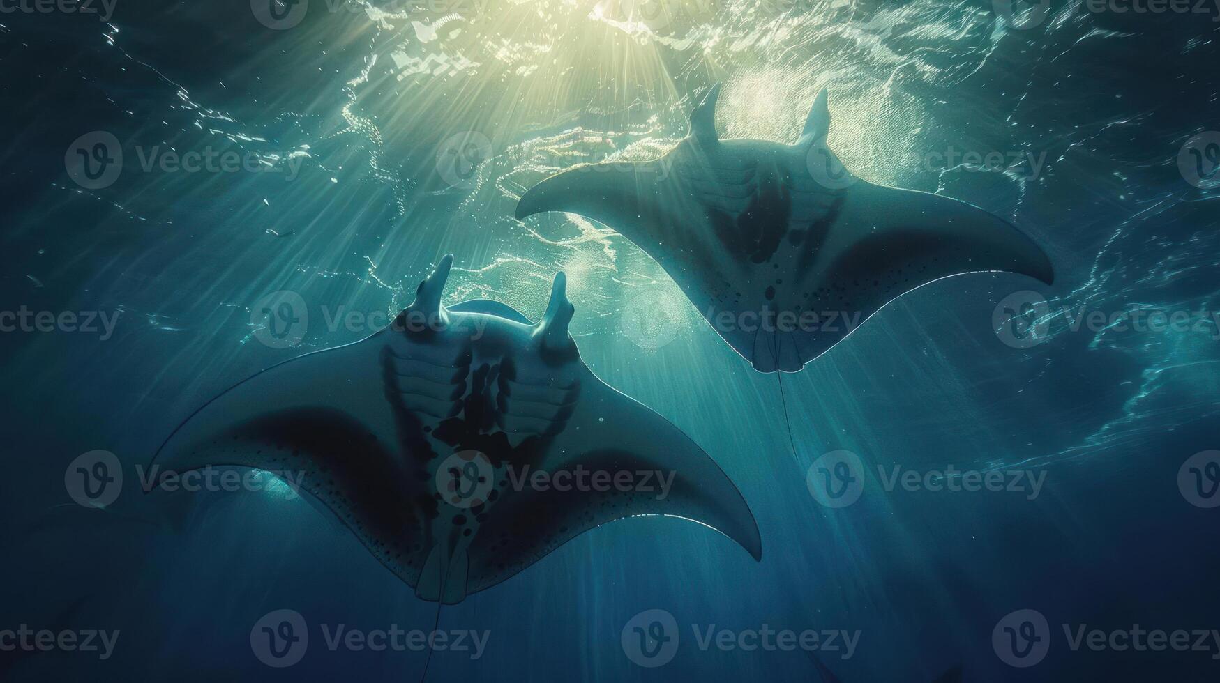 Two scuba divers under the ocean's surface surrounded by stingrays and a shark. photo