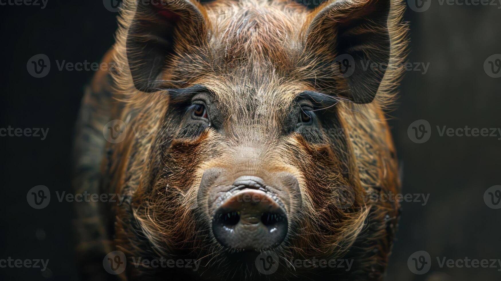 A close-up photo of a pinkish pig with red eyes, appearing to gaze at the viewer.