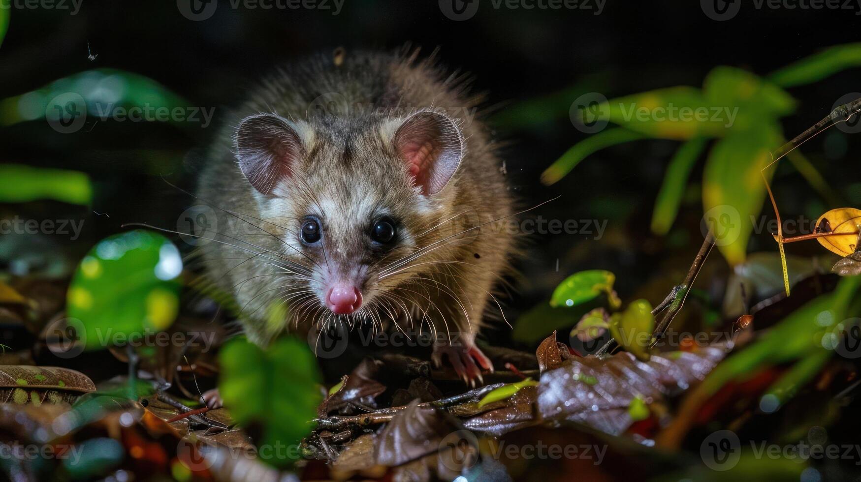 A vole, also known as a field mouse or meadow mouse, is captured in the wild. photo