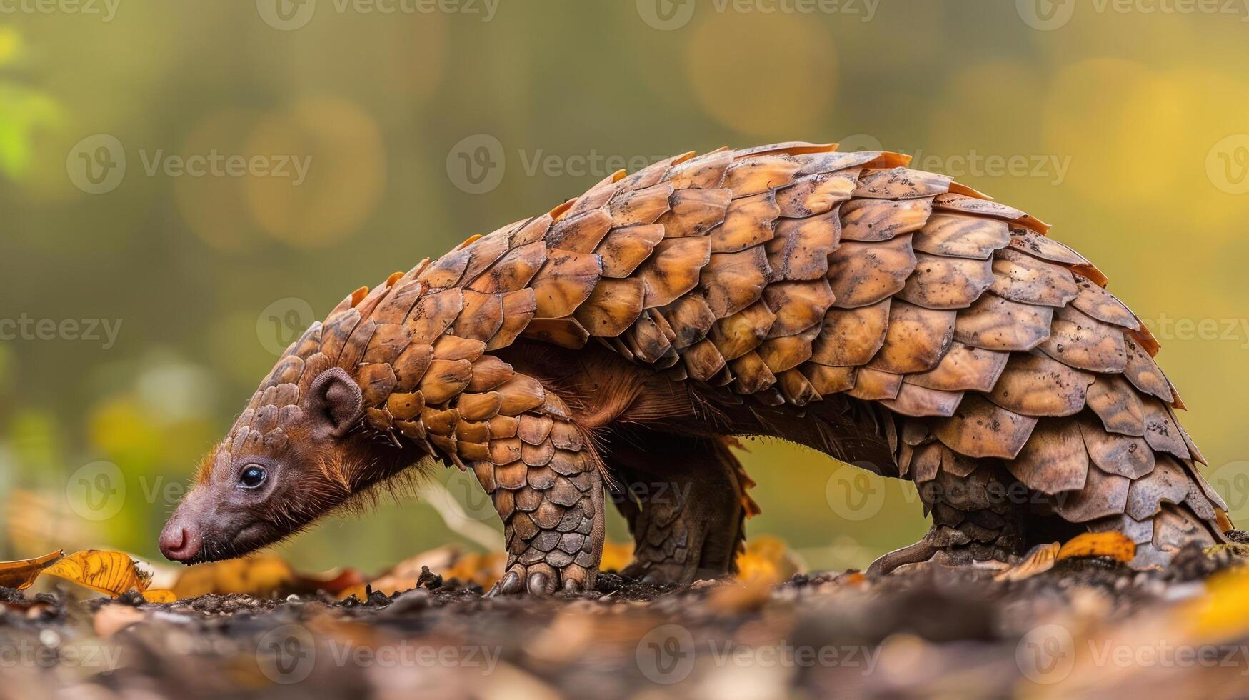 A wild pangolin walking on a forest floor surrounded by leaves, displaying its distinctive scales. photo