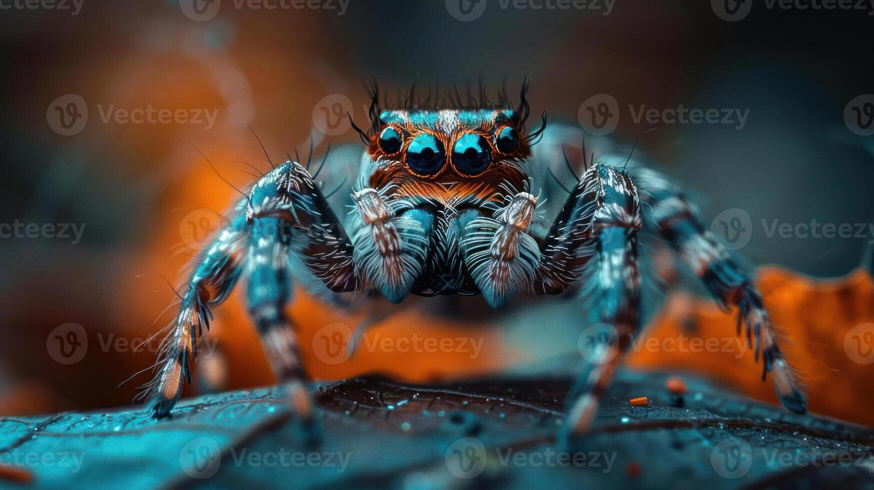 A spider with a bright blue body is the focus of this image. It appears to be in motion, photo