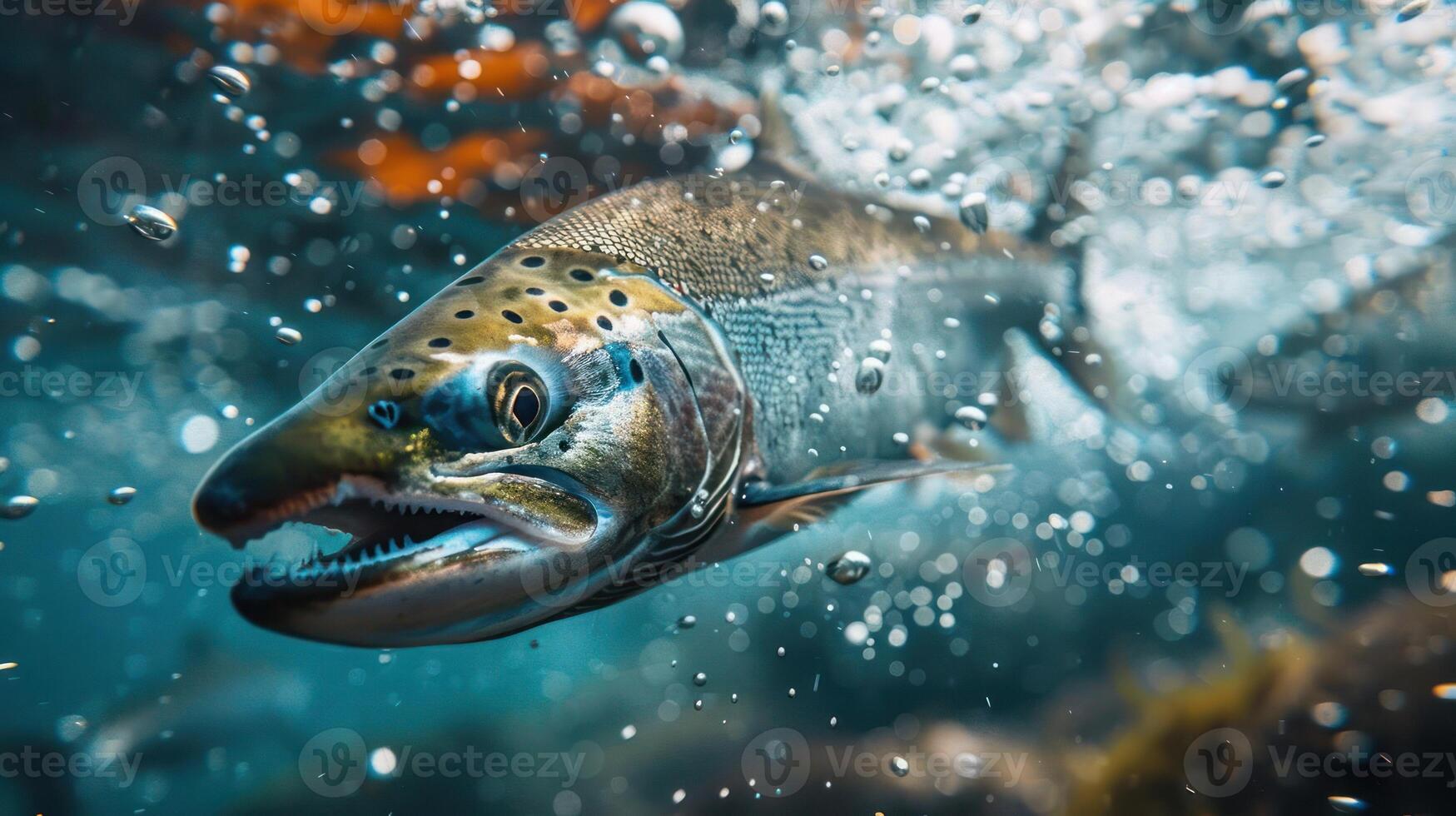 A close-up of a salmon jumping out of water, possibly after spawning. photo