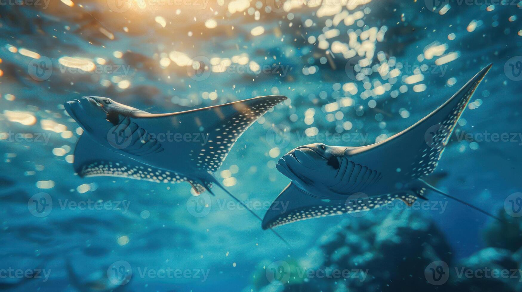 A photograph displaying three species of stingrays underwater, photo