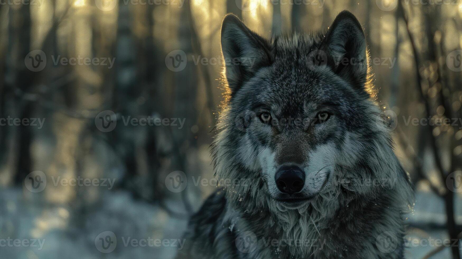A close-up of a wolf's face, with its mouth slightly open and eyes focused. photo