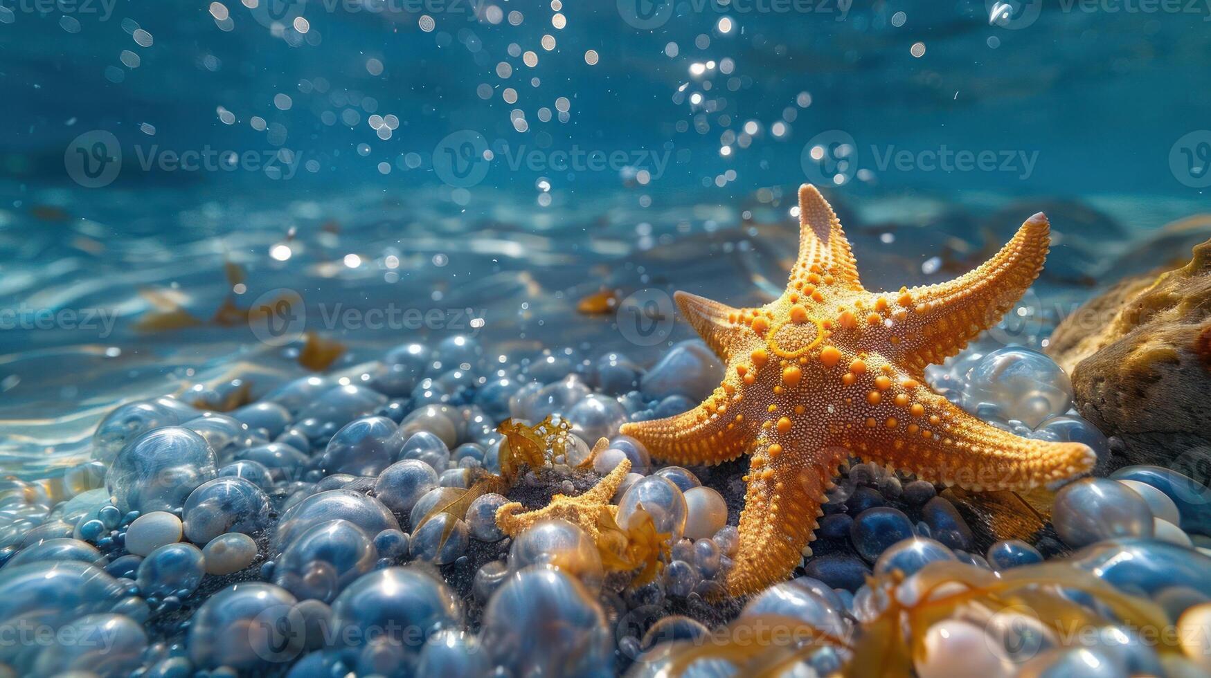 A vibrant coral reef teeming with life, with a starfish perched on it. photo