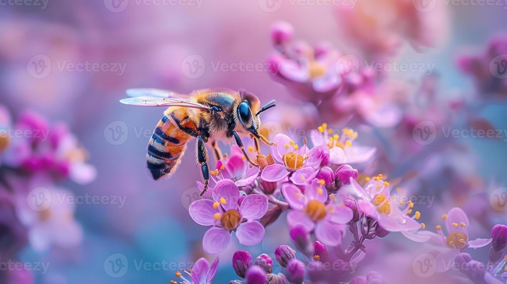 A buzzing bee hovering over purple and pink flowers, creating a serene and colorful scene. photo