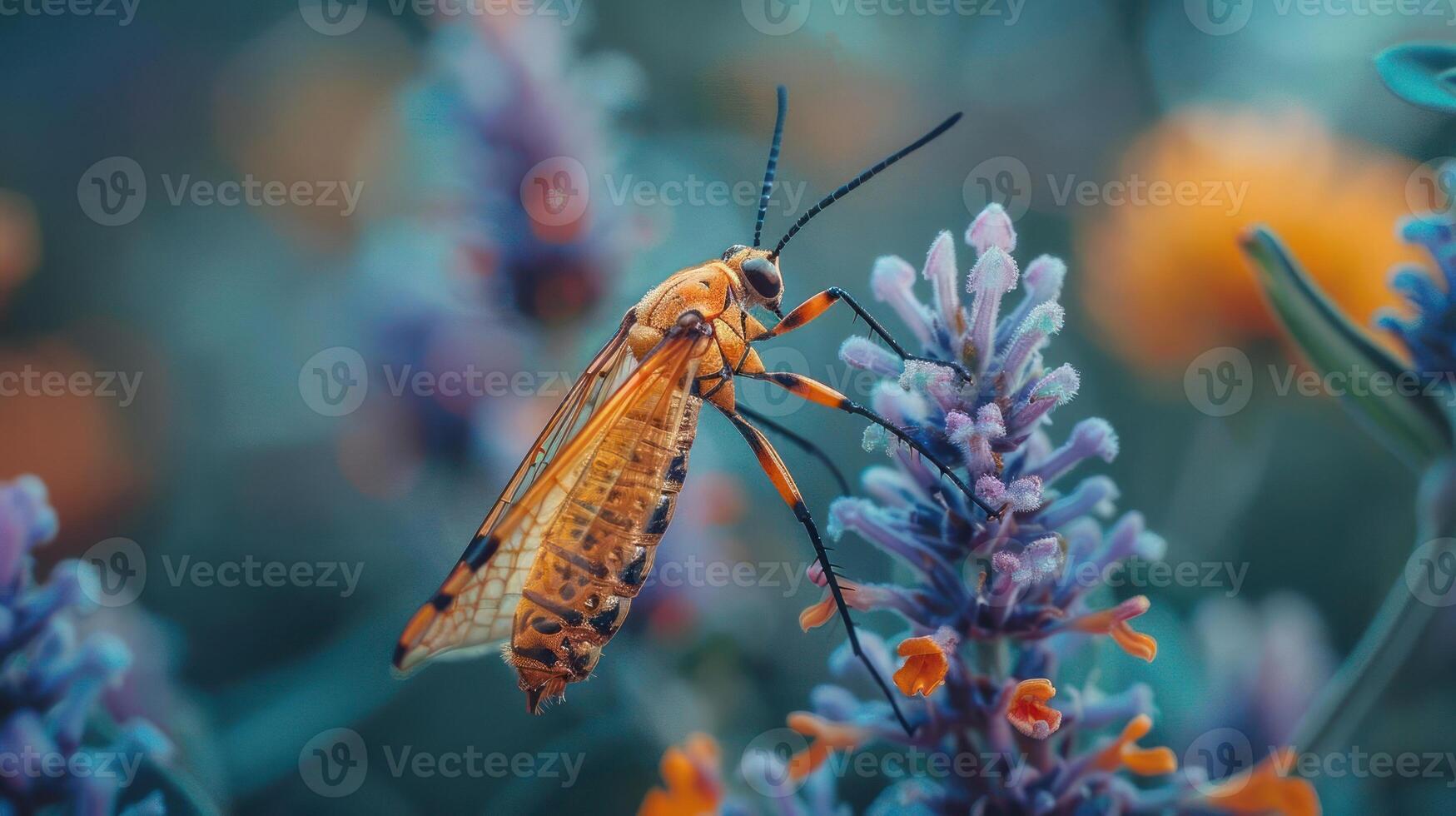 captures an eye-catching moment of a red and black insect, possibly a bee or a butterfly, photo