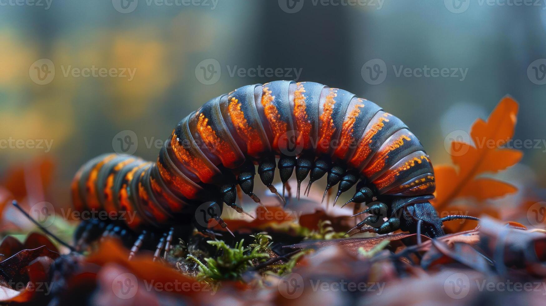 A close-up photograph of two caterpillars on a red leaf in autumn, photo