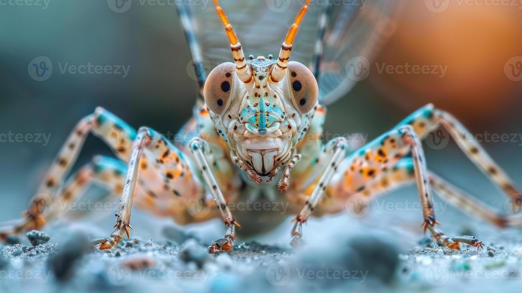 A close-up photograph of a vibrant, multicolored insect with large eyes and antennae. photo