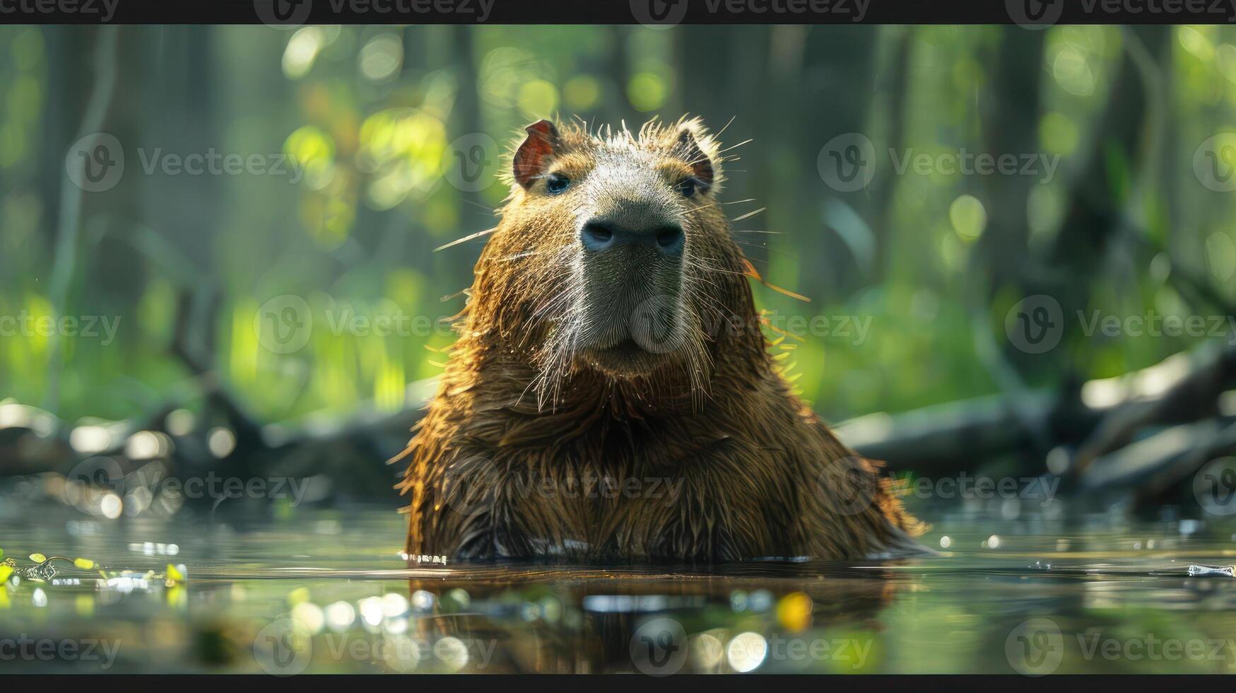 A pair of capybaras swimming in a flooded forest, looking at the camera. photo