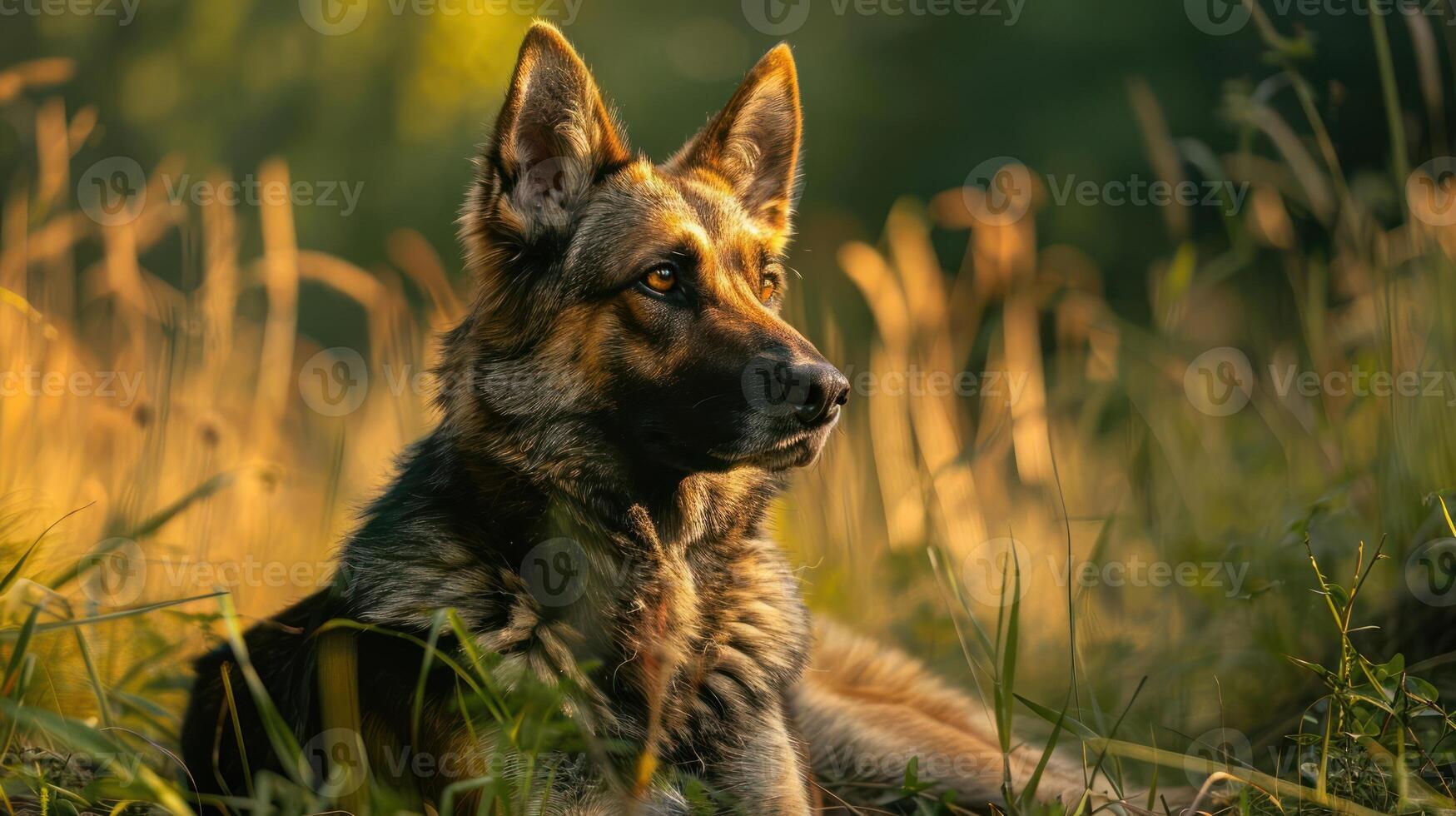 A German Shepherd sits on the ground at sunset, with a peaceful and content expression. photo
