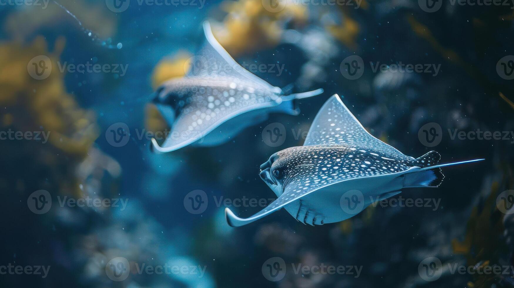 Two small stingrays swimming through the ocean floor, surrounded by coral and algae. photo