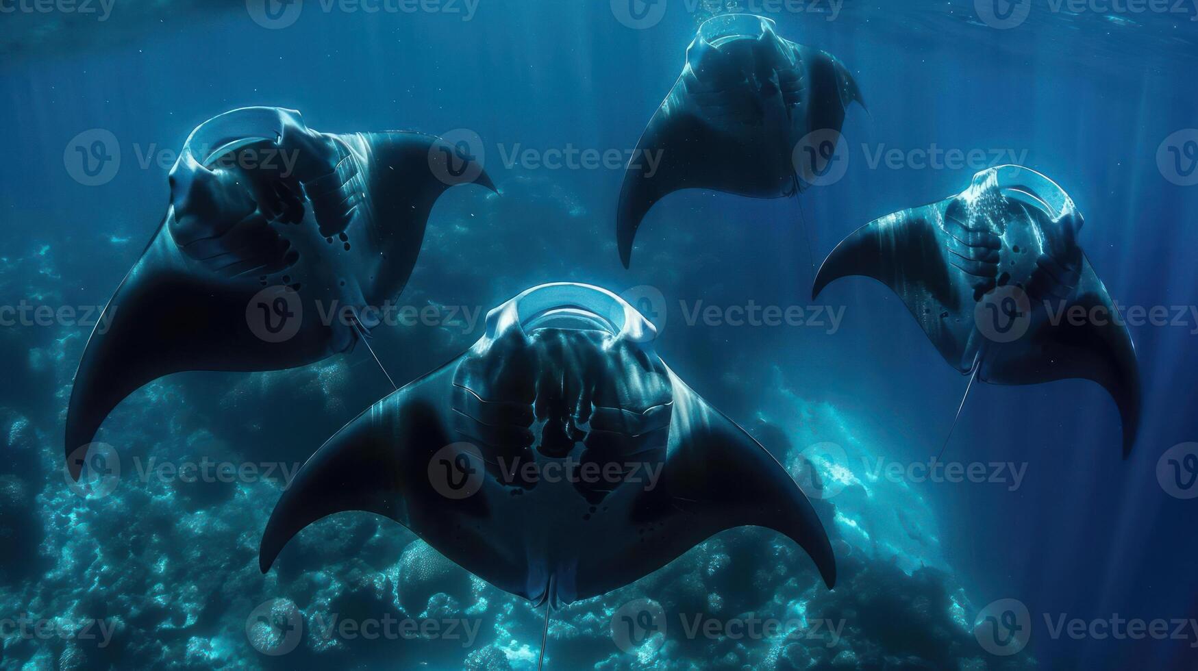A group of scuba divers swimming under the ocean surface, surrounded by a school of manta rays. photo