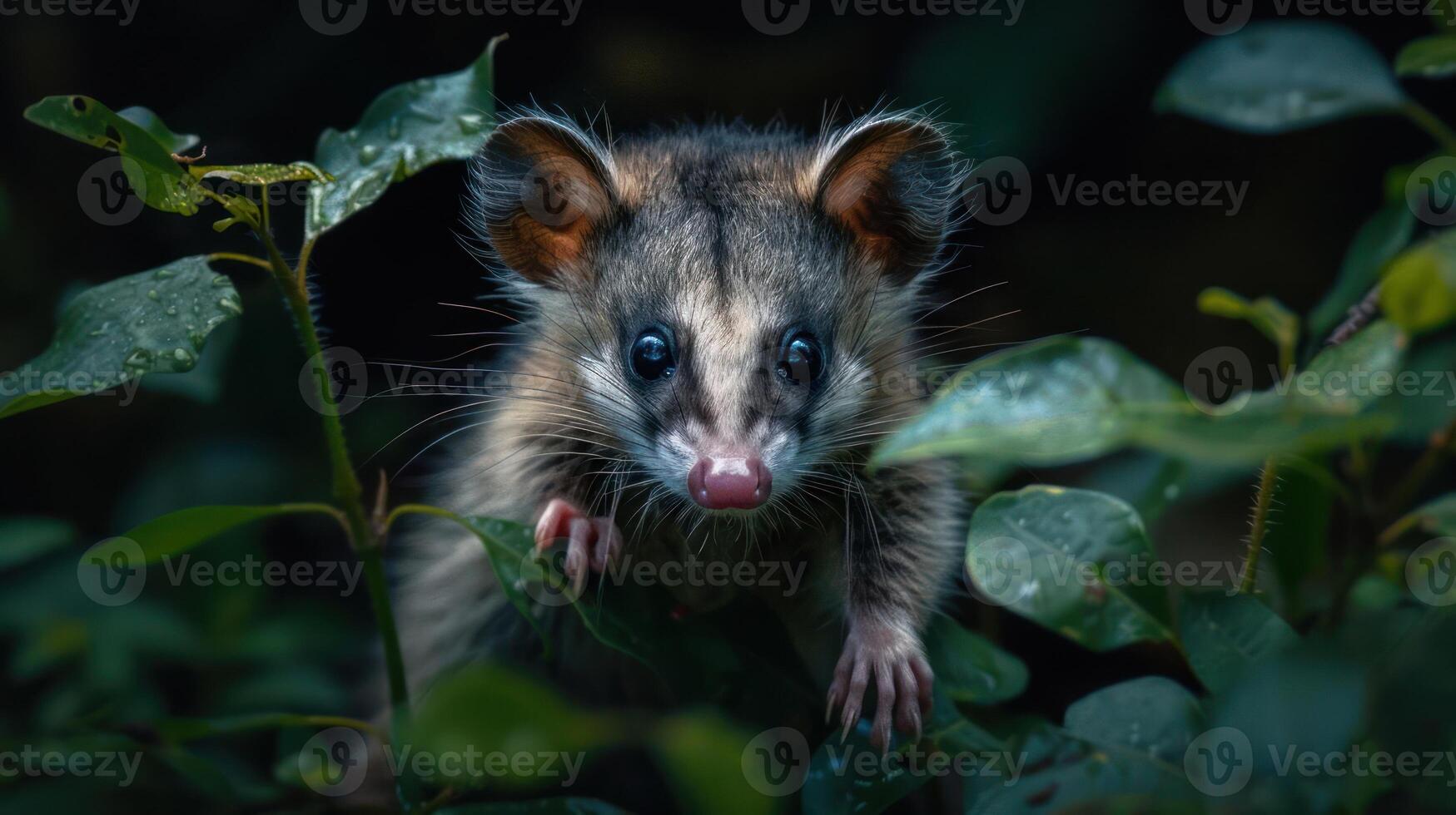 A baby possum with dark eyes and ears, sticking its face out from the foliage of a bush. photo