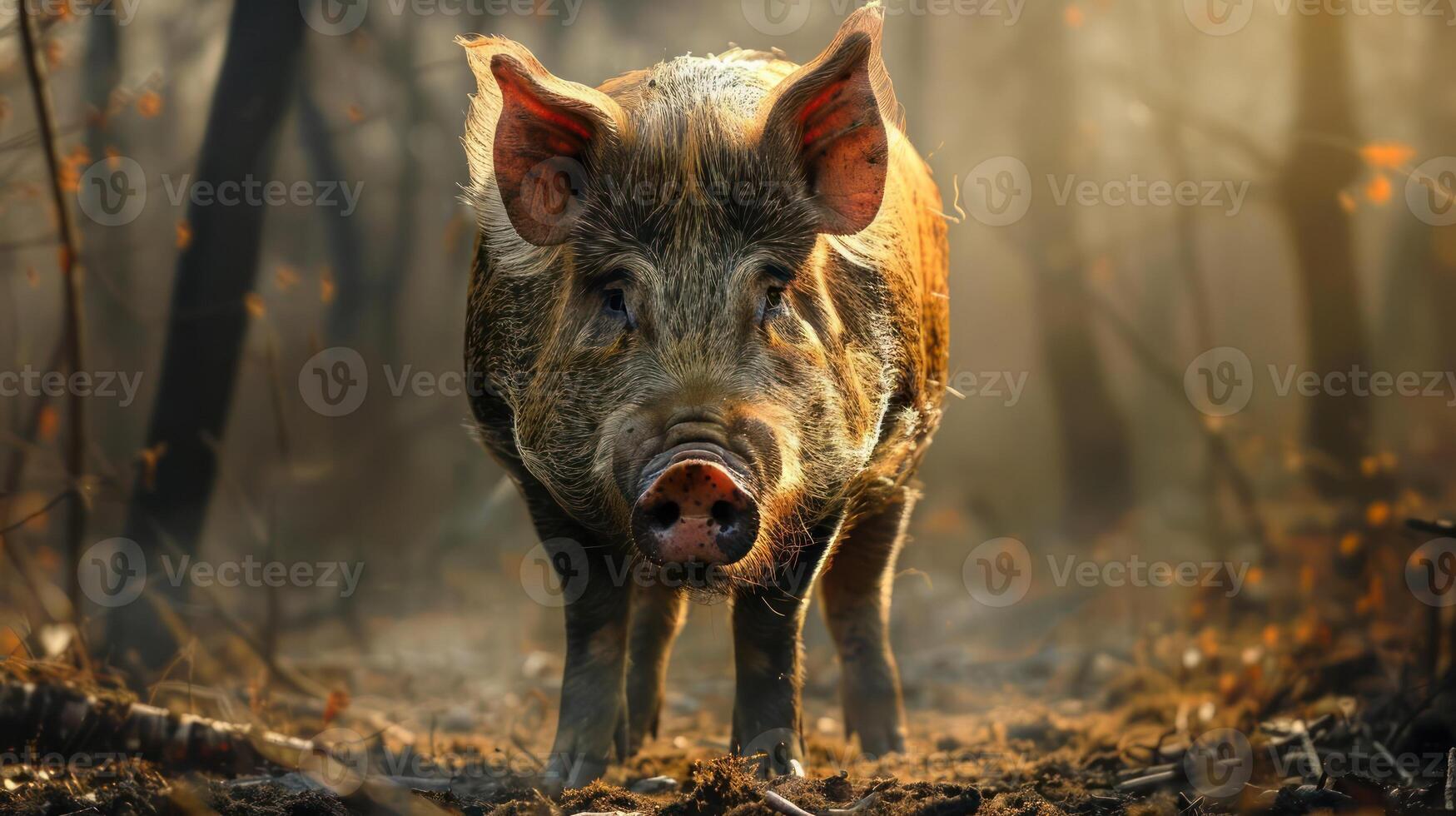 A pink pig standing in a forested area during dusk or dawn, photo