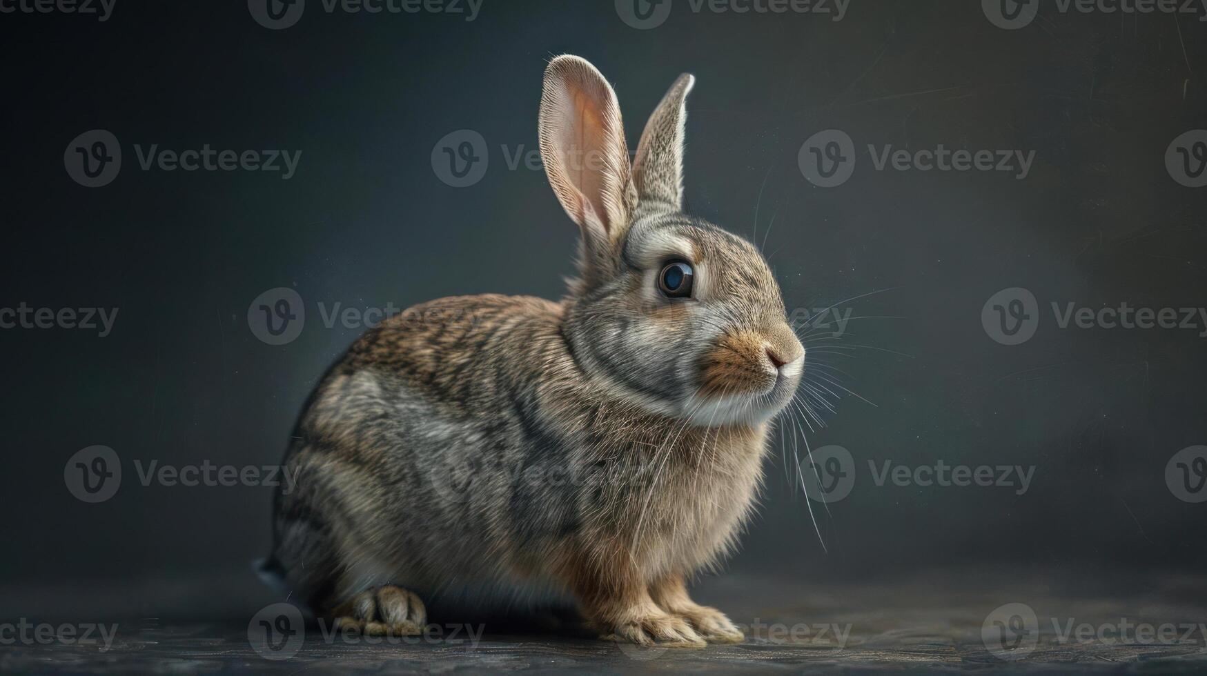 depicts a rabbit with its ears perked up, looking attentively at the camera. photo