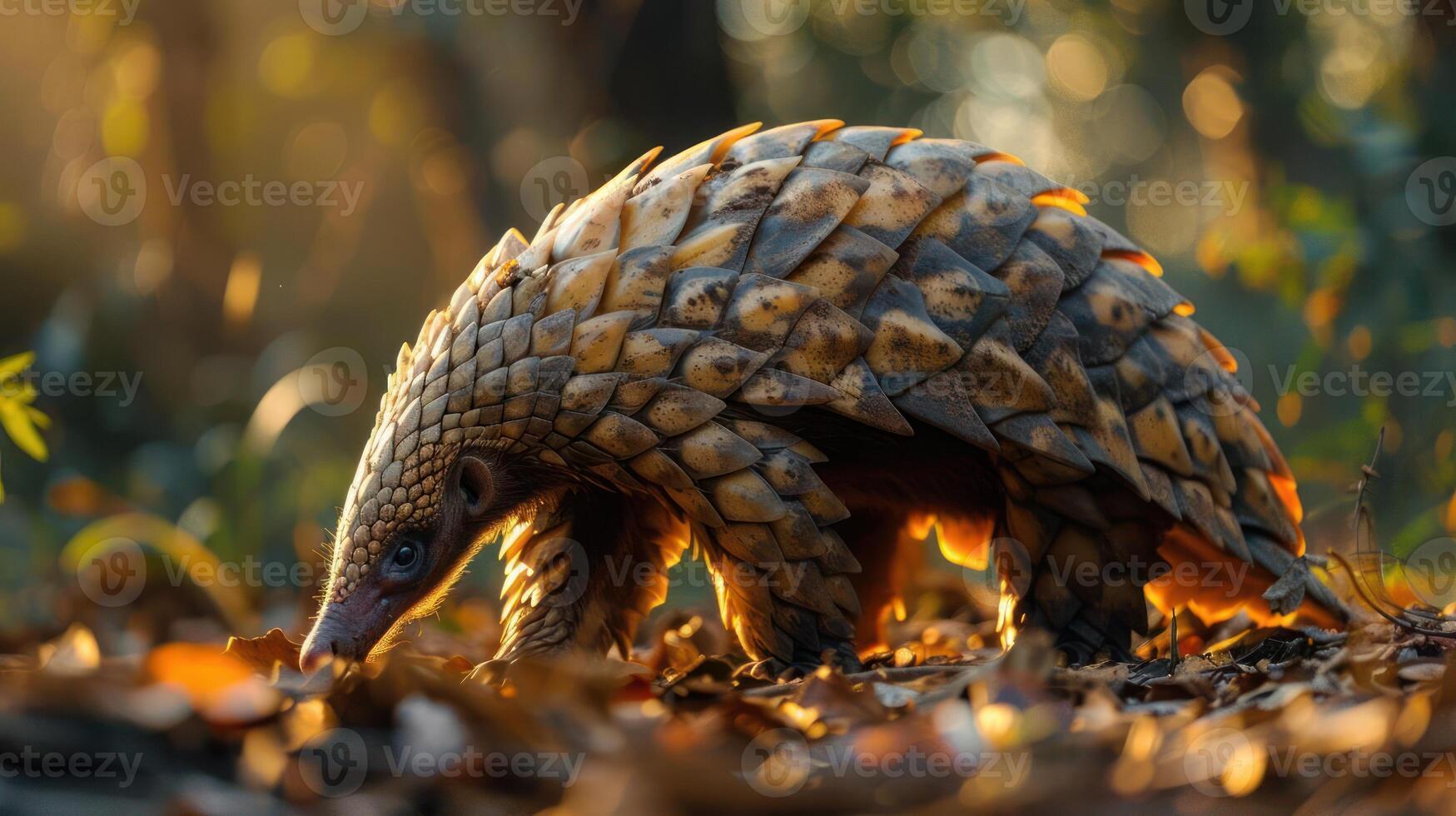 A pangolin walking through a beautiful autumn forest with leaves on the ground. photo