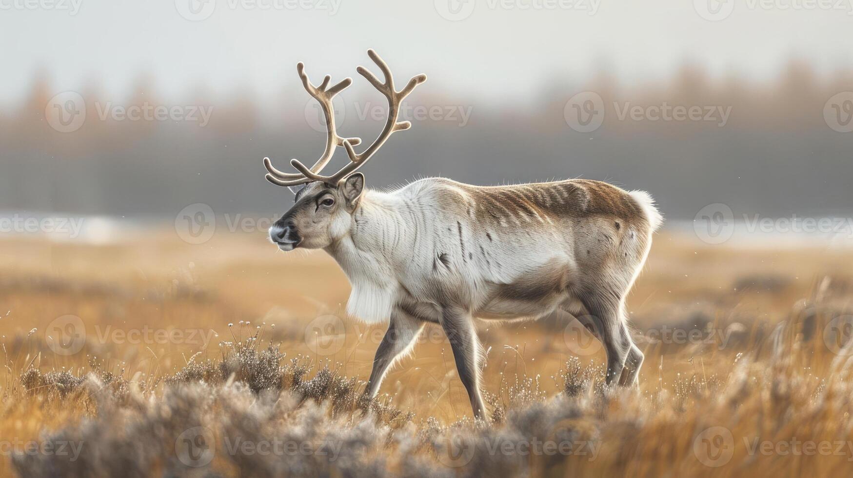 Elk walking through a field of grass on a clear day. photo