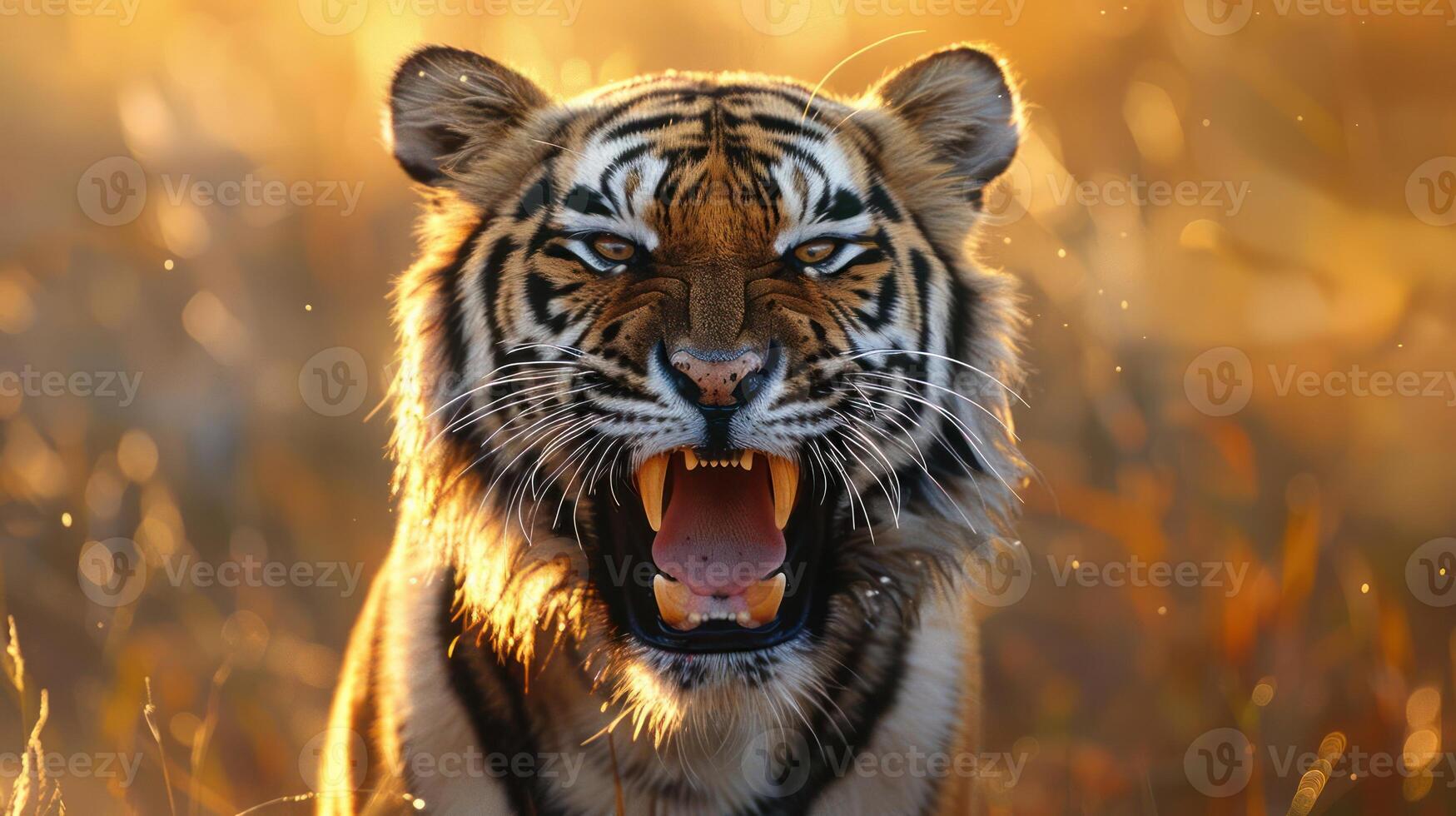 Tiger roars at sunset with a beautiful blurred background of autumn colors photo