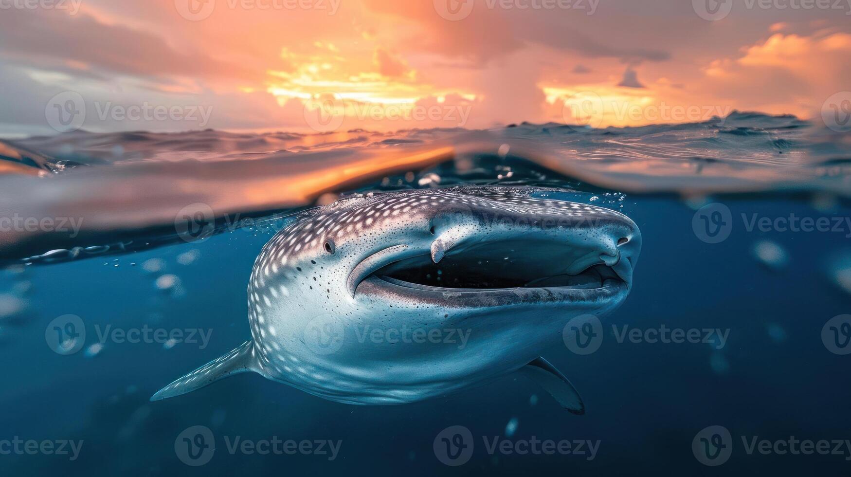 A mesmerizing underwater shot of a whale shark during a beautiful sunset, photo