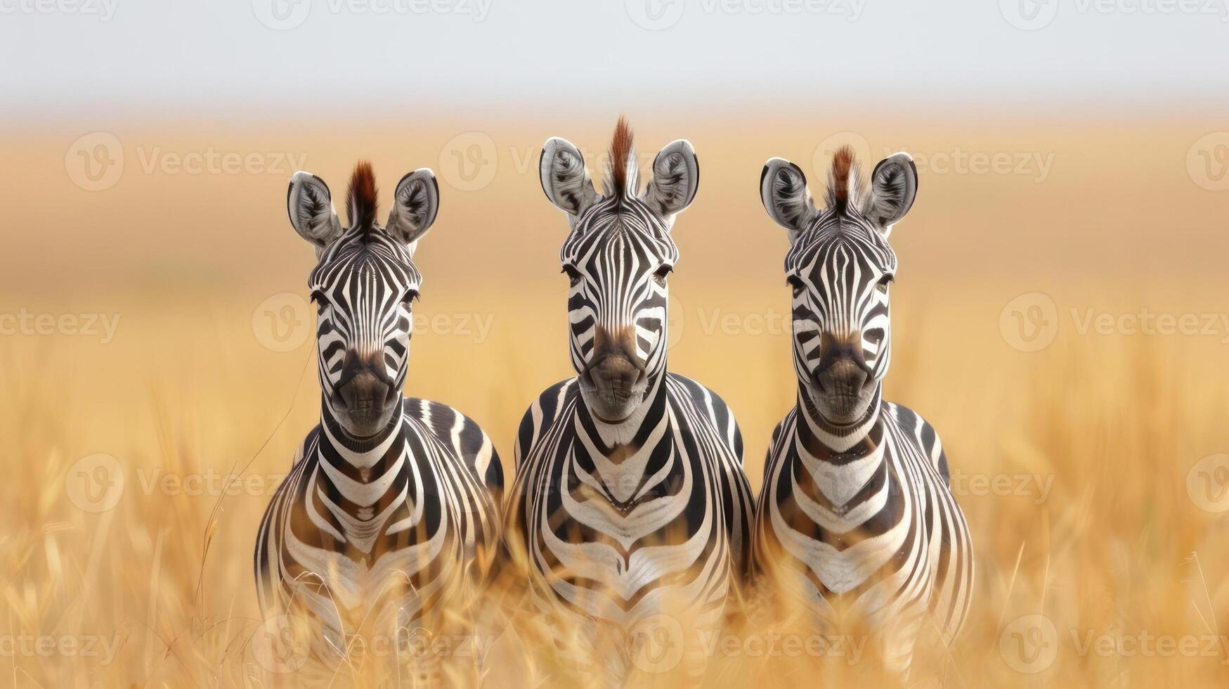 A group of three zebras, two adults and a baby, running through grassy savannah, photo