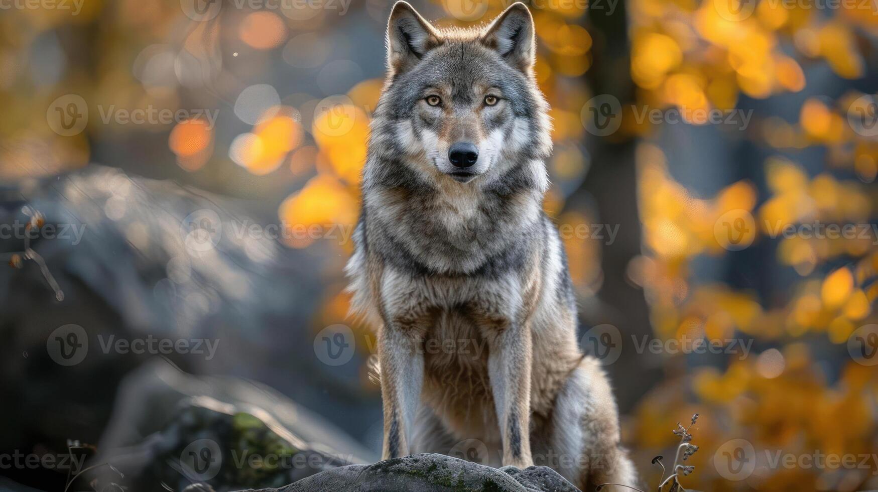 Wolf is standing on top of a rock with fall leaves in the background. photo