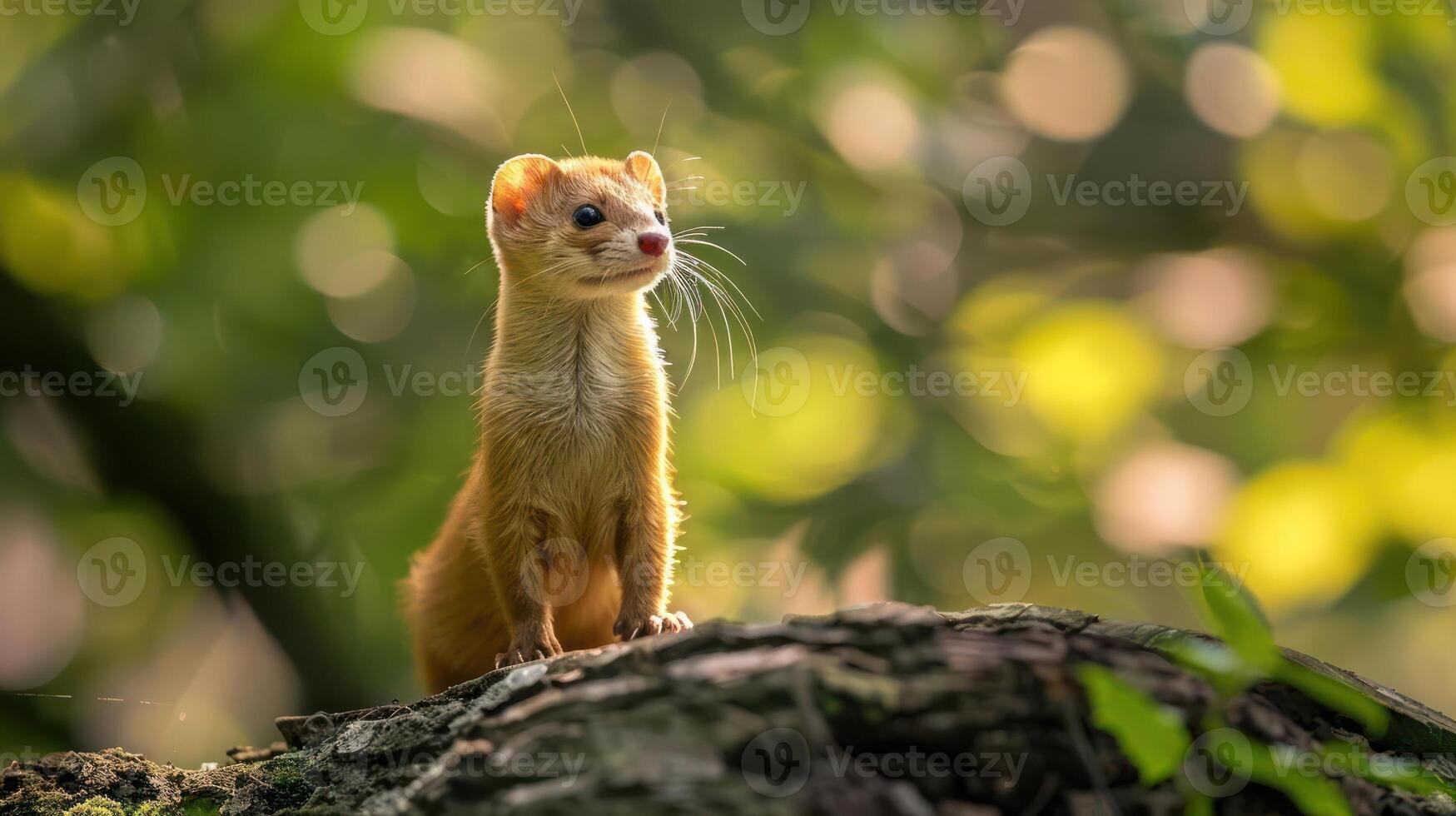 A small, adorably cute red squirrel perched confidently atop a tree stump, photo