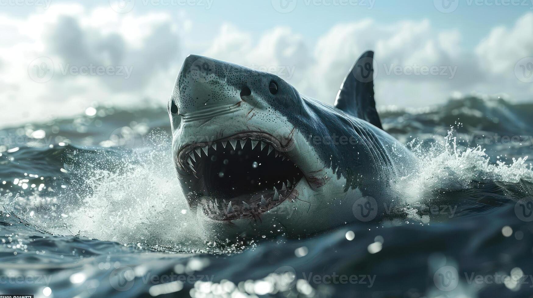 A close-up image of a great white shark's face underwater, photo