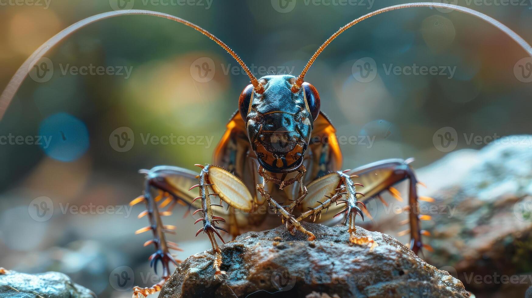 A close-up image of a large ants' head, with its mandibles open and antenna extended, photo